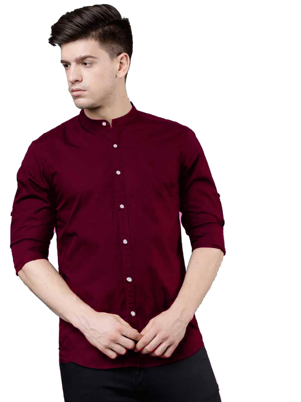 Rebelify MenS Cotton Blend Maroon Regular Fit And Button Down Long Sleeve Mandarian Neck Chinese Collard S To Xl Size Shirt. (P