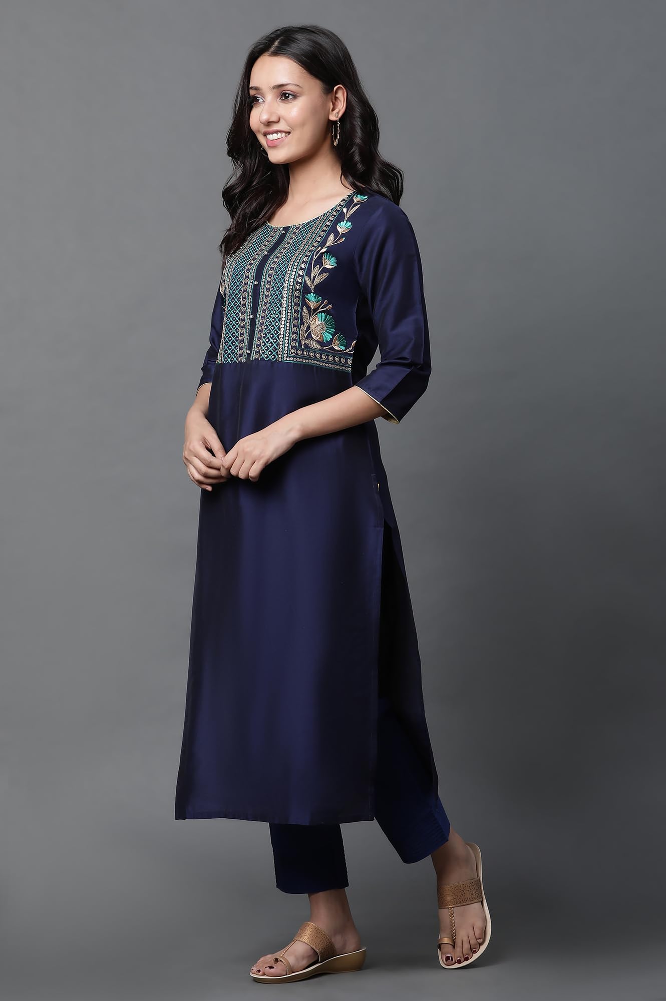 Aurelia Blue Embroidered Blend Straight Long Kurta