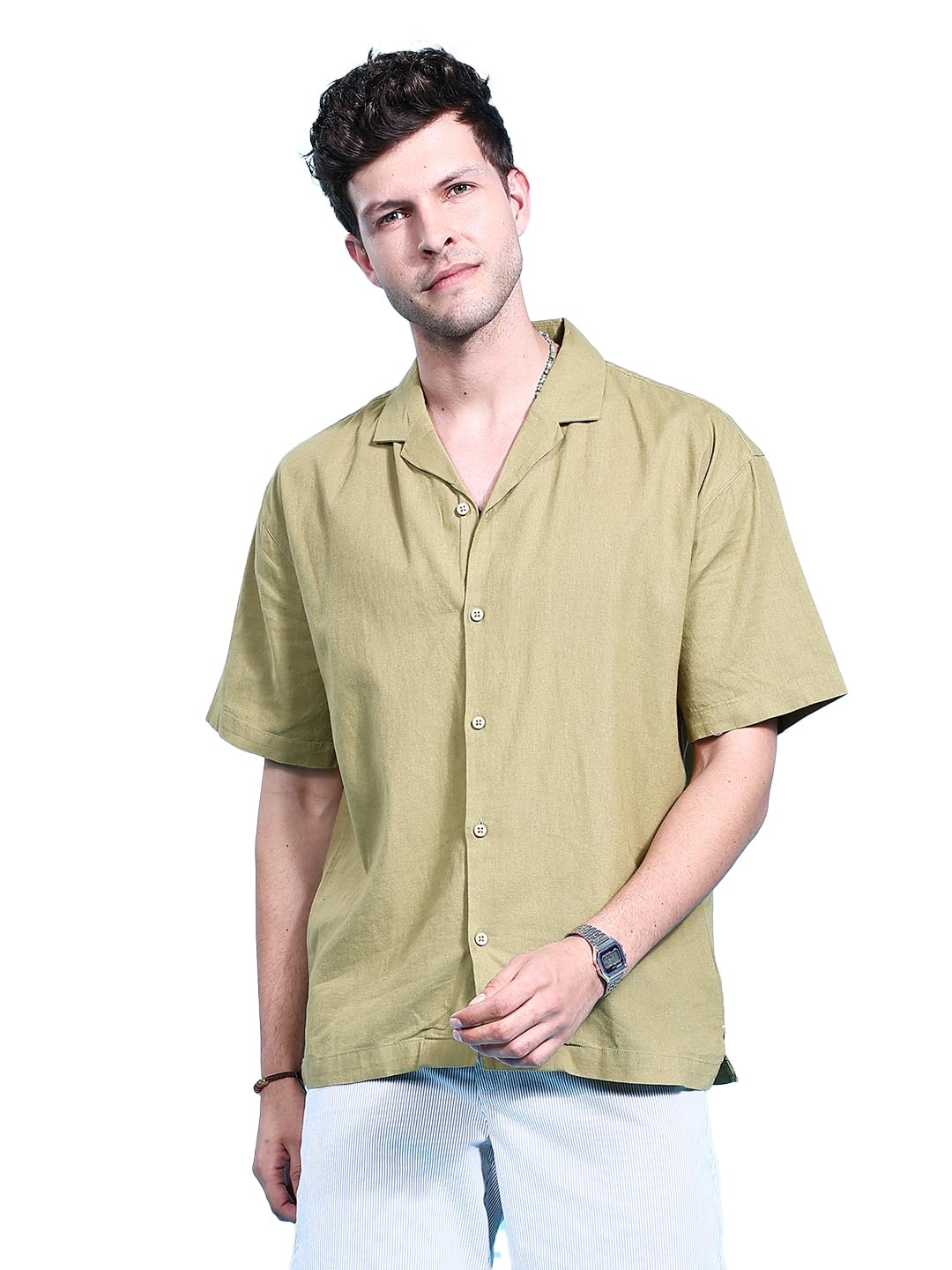 The Indian Garage Co Men Olive Solid Relaxed Fit Linen Casual Shirt