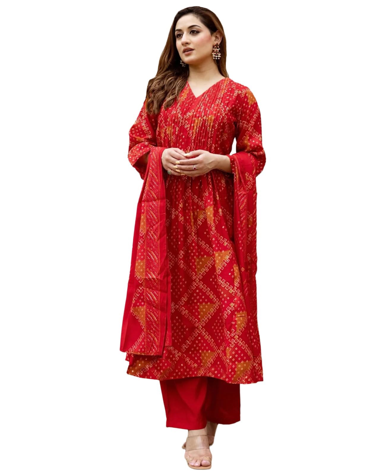 Anni Designer WomenS Rayon Blend A-Line Printed Kurta With Pant & Dupatta (Urbana Red_S_Red_Small)