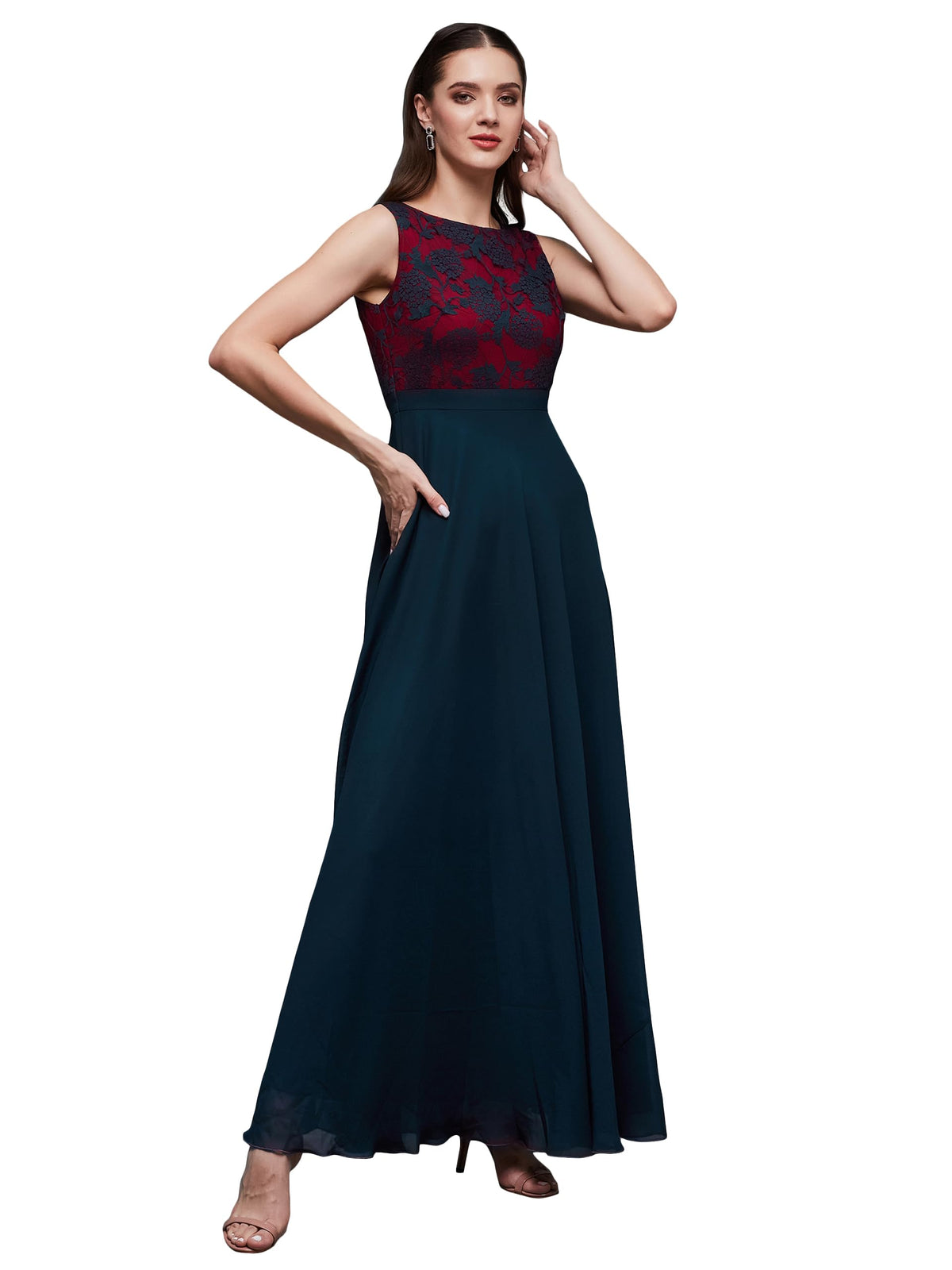 Miss Chase WomenS Round Neck Sleeveless Georgette Floral Lace Fit & Flare Maxi Dress Teal