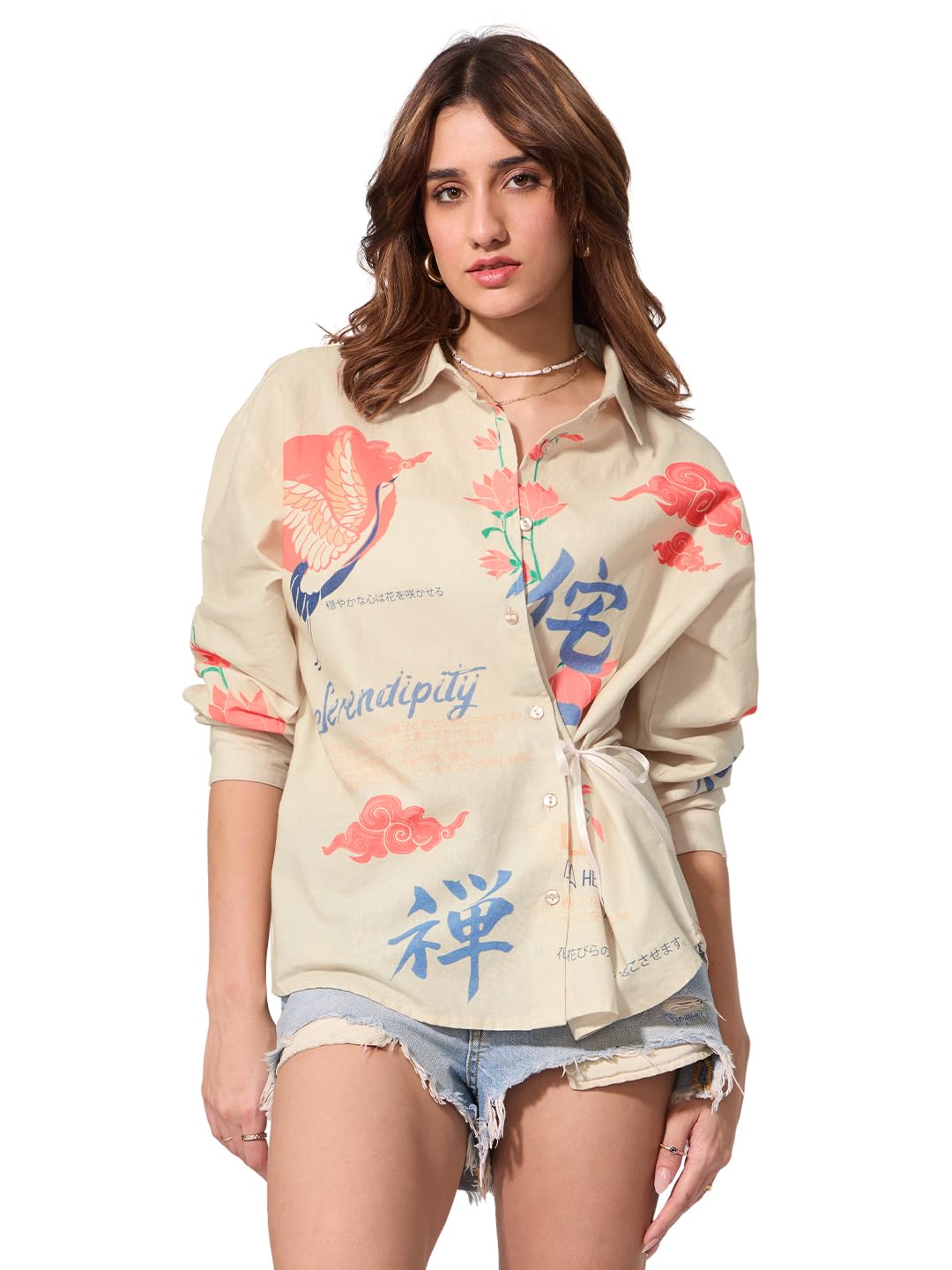 The Souled Store Cotton Linen Shirt: Unbound Women and Girls Long Sleeves Collared Neck Button Front Beige All Over Printed Cott