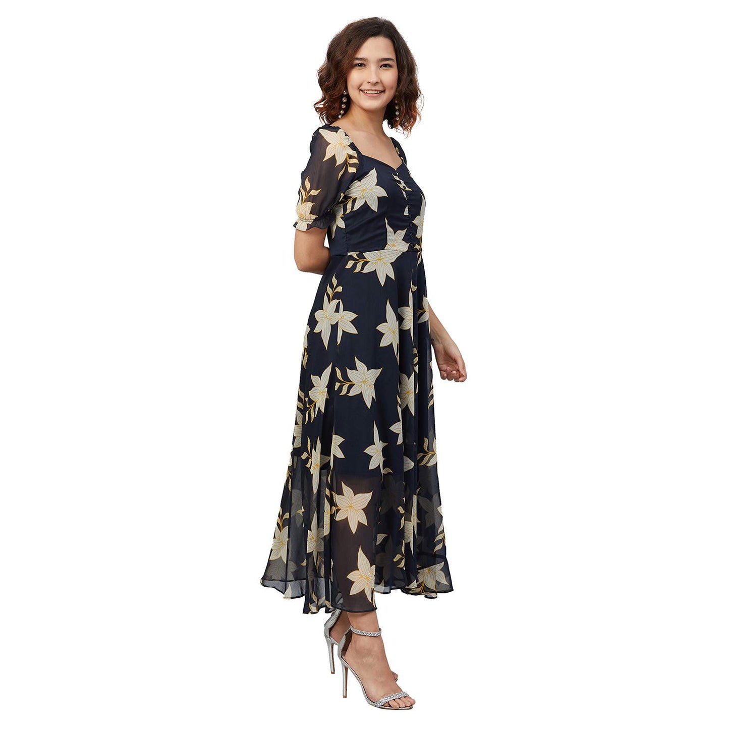 Rare Women'S Chiffon Fit And Flare Maxi Casual Dress (Ep6218_Navy Blue_X-Large)