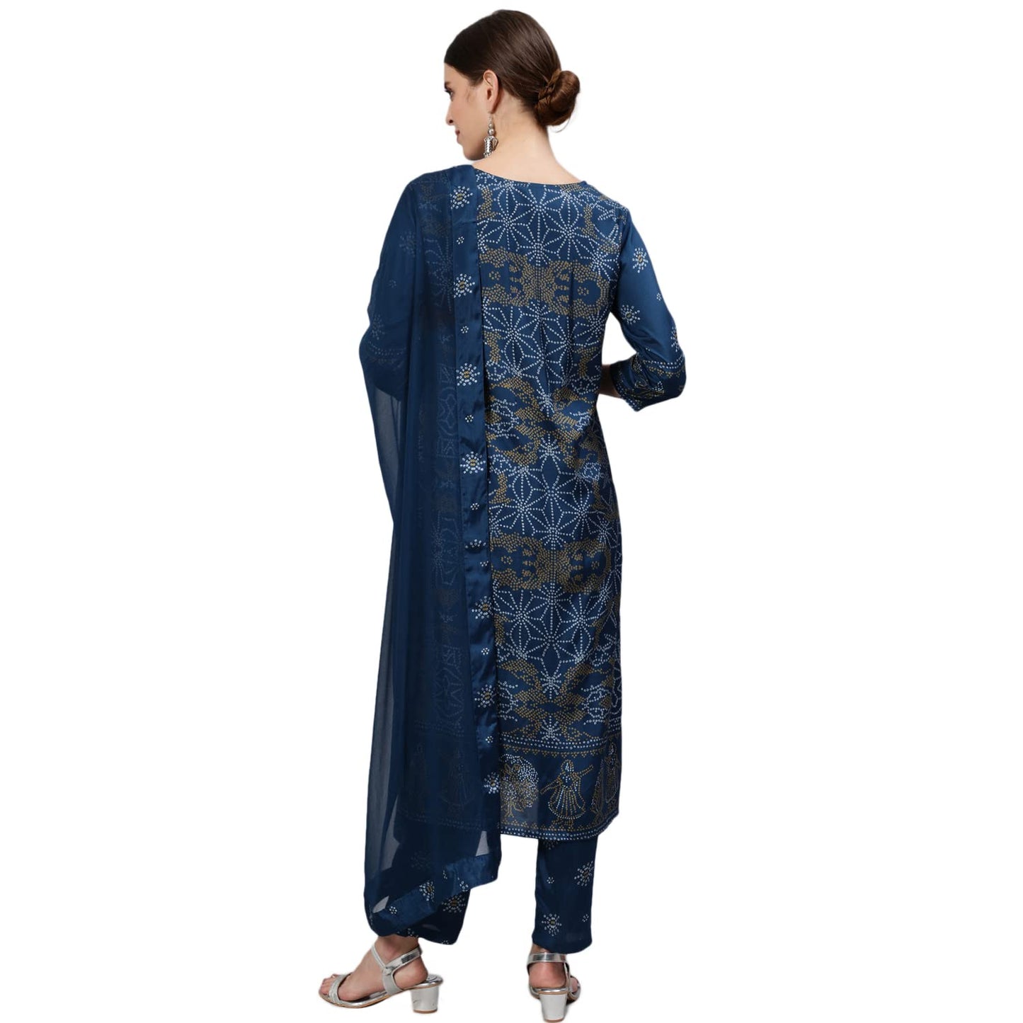 ishin Women's Silk Blend Embroidered Beads and Stones Teal Bandhani Print Straight Kurta suit set With Dupatta & Trouser