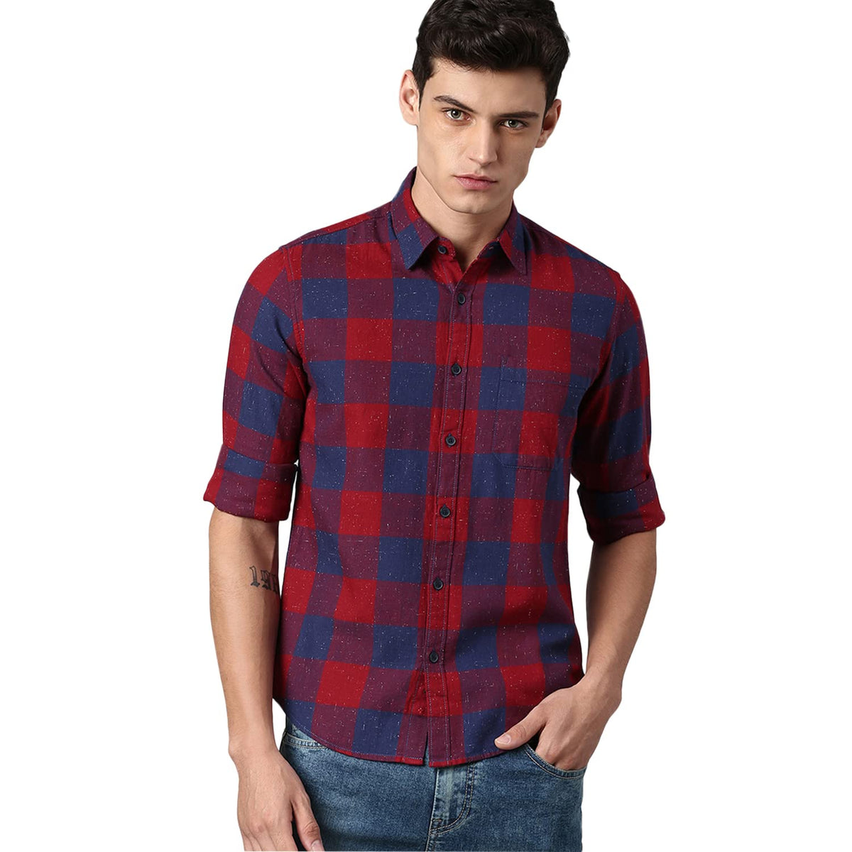 Dennis Lingo MenS Slim Fit Checked Casual Shirt (Red)