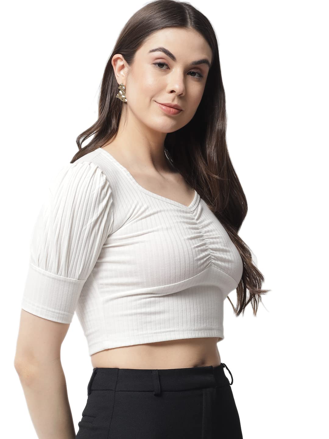 POPWINGS Off White Puff Ribbed Top