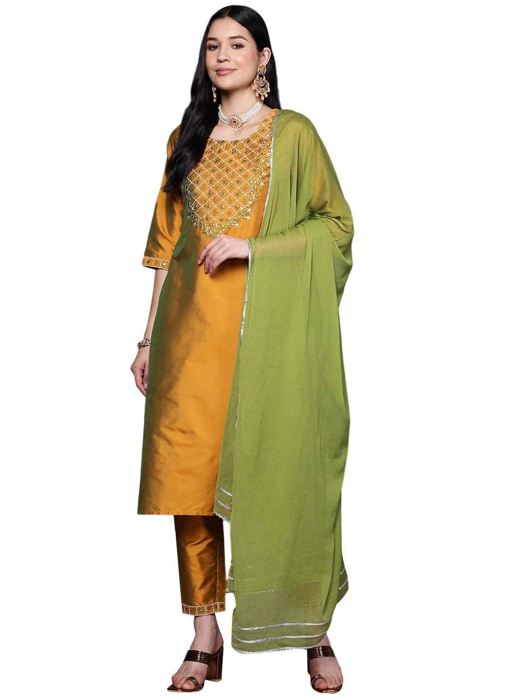 Libas Womens Silk Blend Kurta Sets (35146_Mustard
