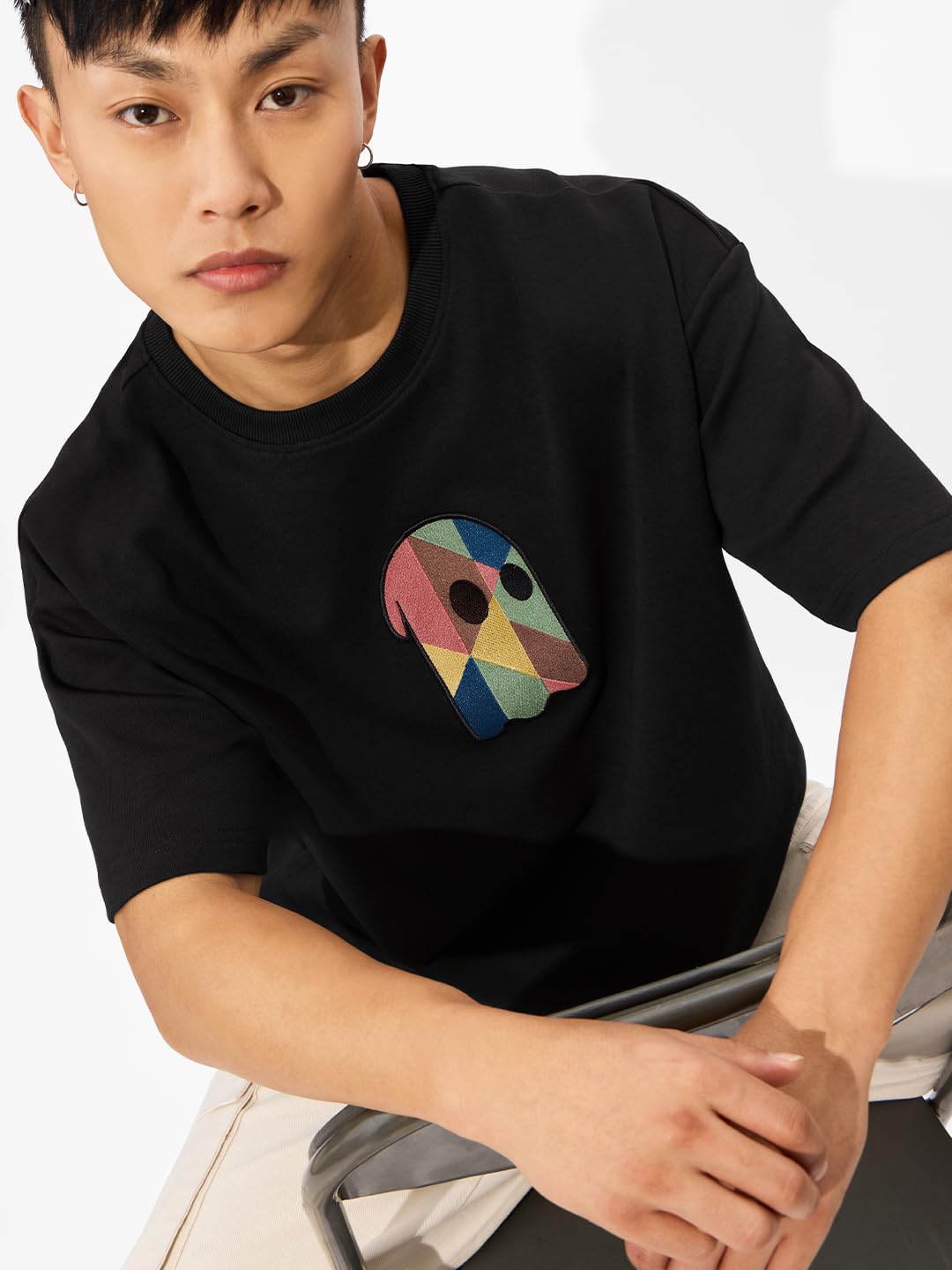 The Souled Store Fusion Black Oversized T-Shirt for Men Boys Cotton Casual Half Sleeves Baggy Loose Fit Drop Shoulder Round Neck