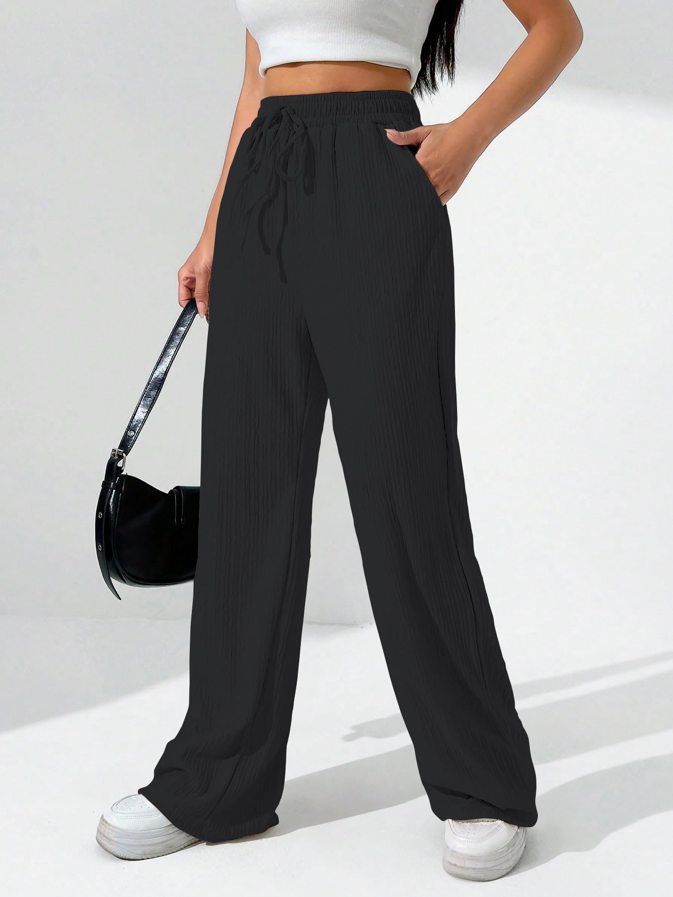 Sugathari Womens Black Loose Wide-Leg Pants with Textured Wrinkled Fabric and Drawstring Waist Long Trousers (Trouser 157 Black