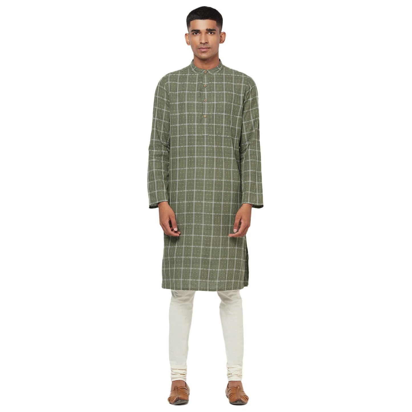 Fabindia Men Cotton Geometric Long Kurta Olive_S