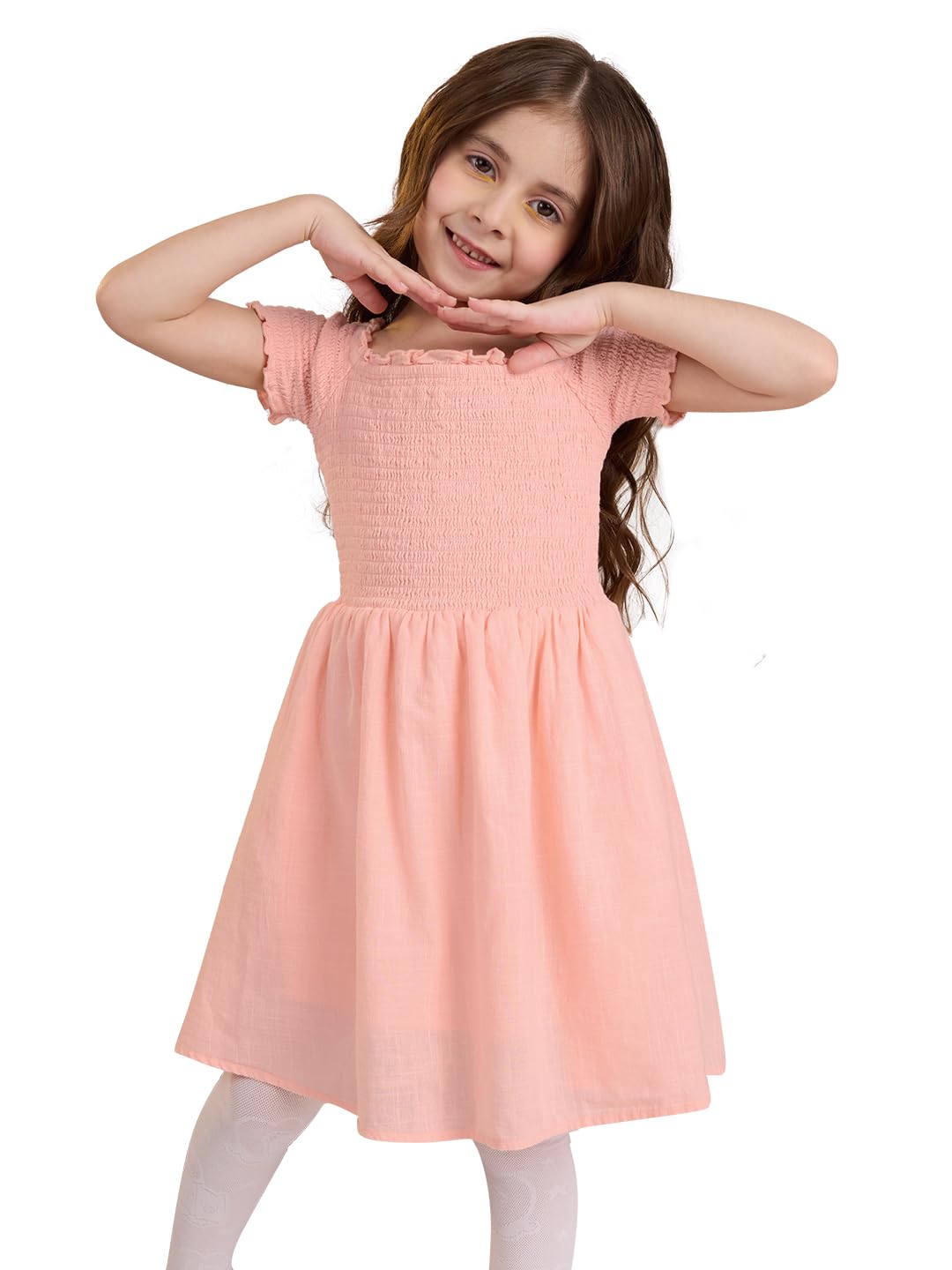 The Souled Store Solids: Fuzzy Peach Girls Square Neck Short Sleeves Knee Length Cotton Dresses
