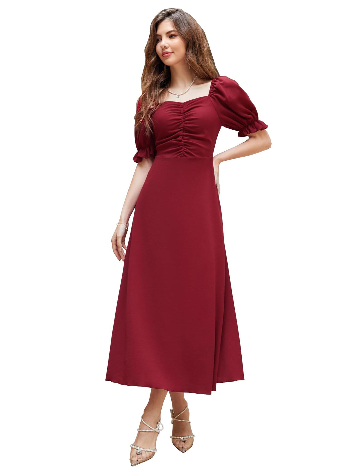 Shasmi GirlS & WomenS Solid Maroon A-Line Ruched Puff Sleeve Maxi Long Evening One Piece Long Dress For Women Stylish (Dress 1