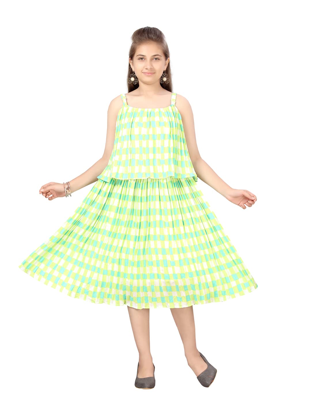 Aarika Girl's Georgette Skater Knee-Length Dress (MD-22507_Green_34)