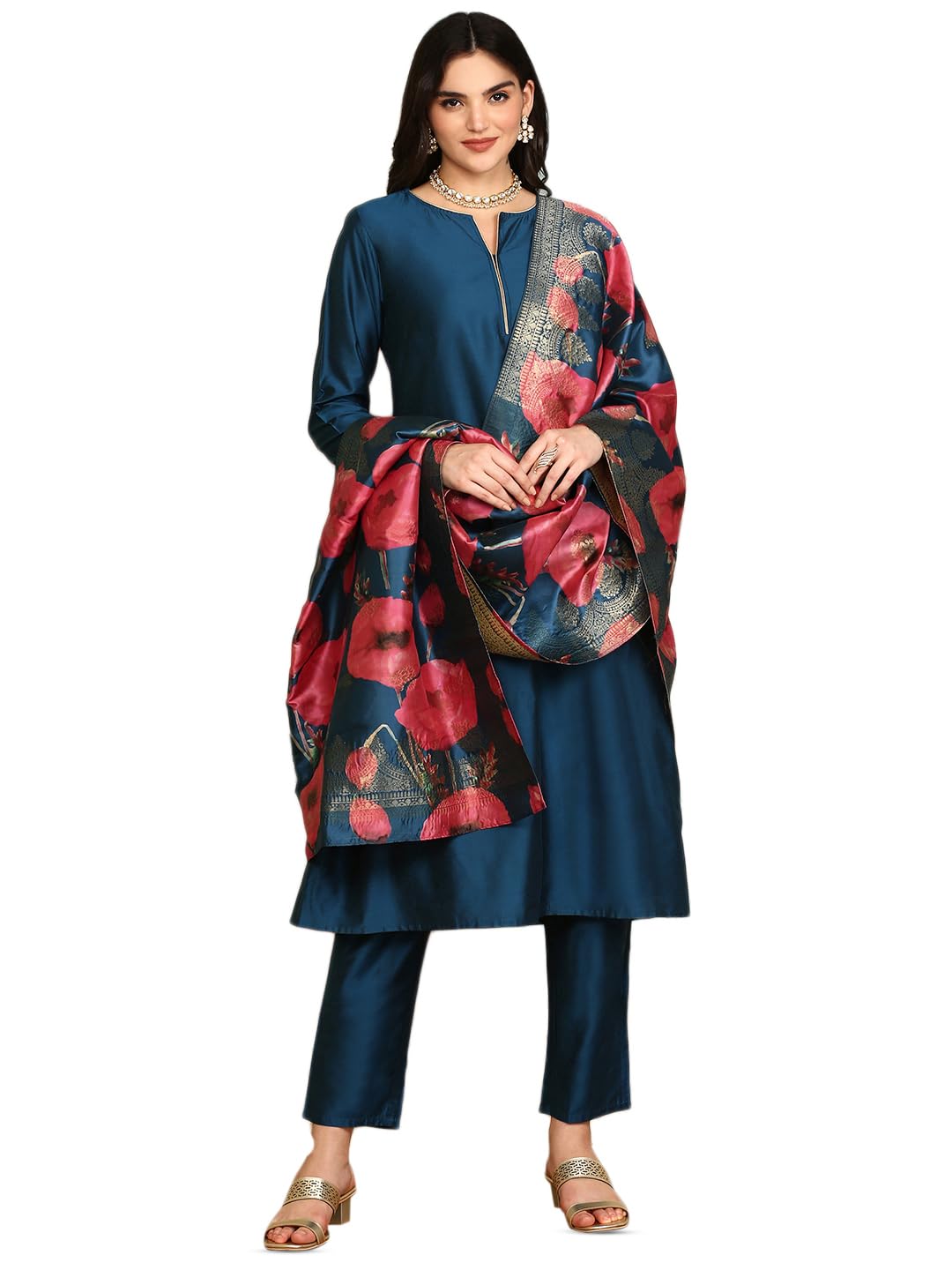 Ishin Navy Blue Notched Neck A-Line Kurta With Trousers & Dupatta | Kurta Set For Women | Kurta With Trousers And Dupatta