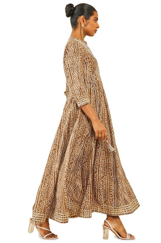 Soch Womens Brown Cotton Bandhani Print Dress Kurta with Mirror Work