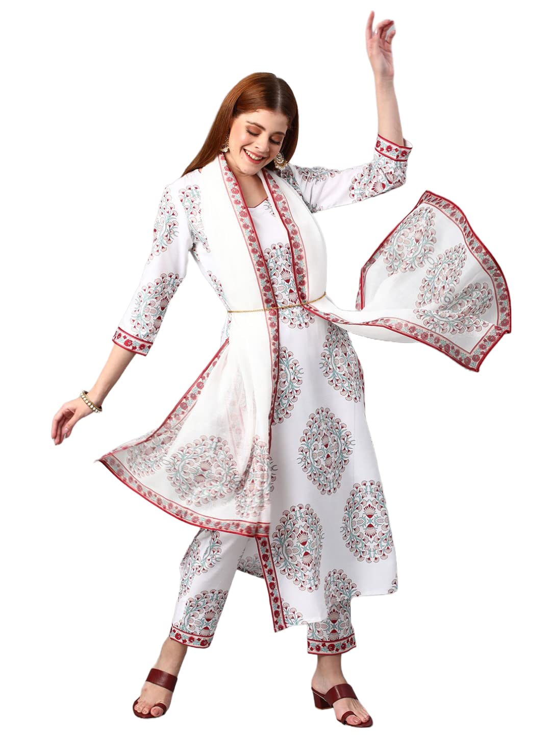 ANNI DESIGNER Ladies Rayon Blend Printed Kurta with Trousers and Dupatta, White, M