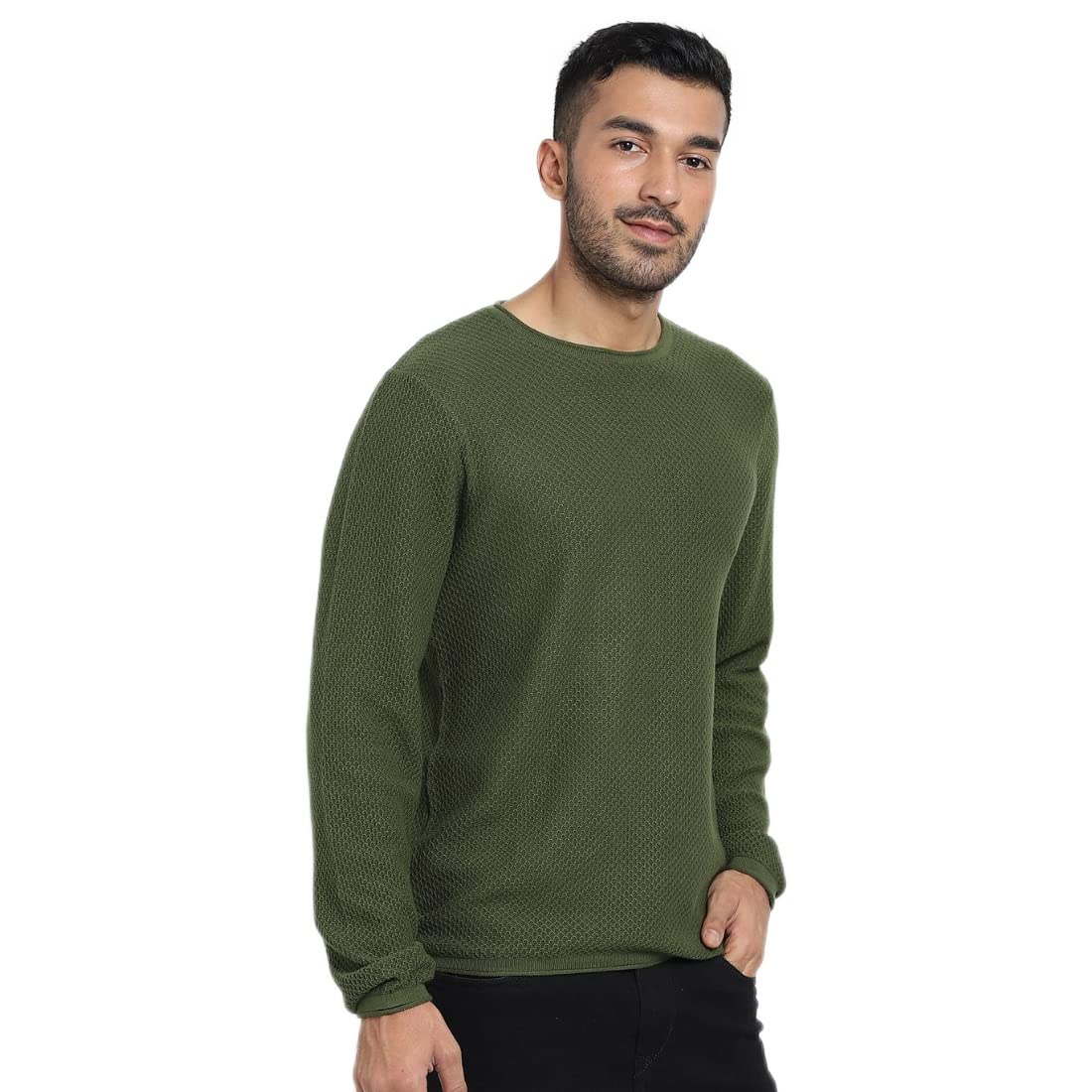 Bewakoof Mens Solid Regular Fit Full Sleeve Round Neck Cotton Sweater Green