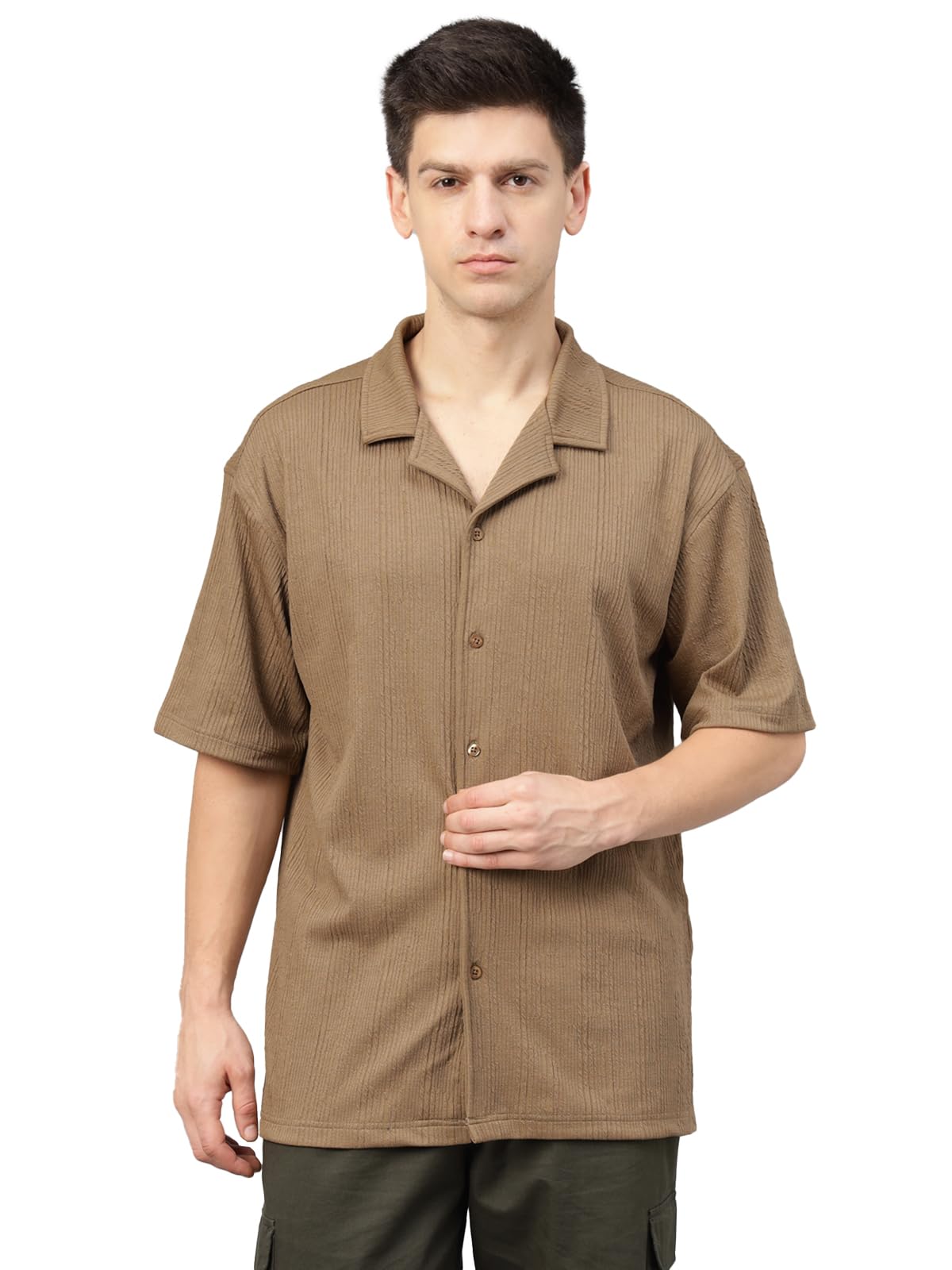 Veirdo Mens Poly Cotton Oversized Loose Baggy Fit Drop Shoulder and Print Design Men Textured Camp Collar