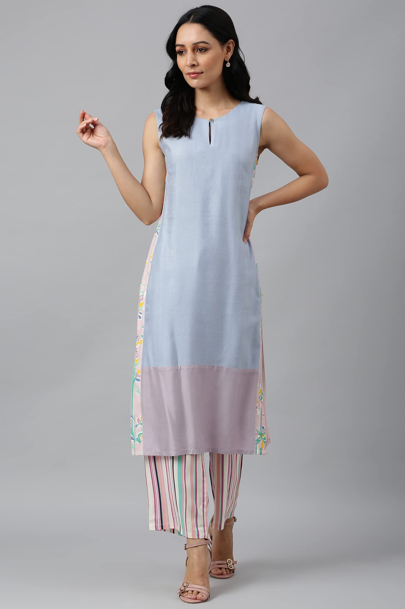 W For Woman Blue Color Block Rayon Blend Regular Kurta