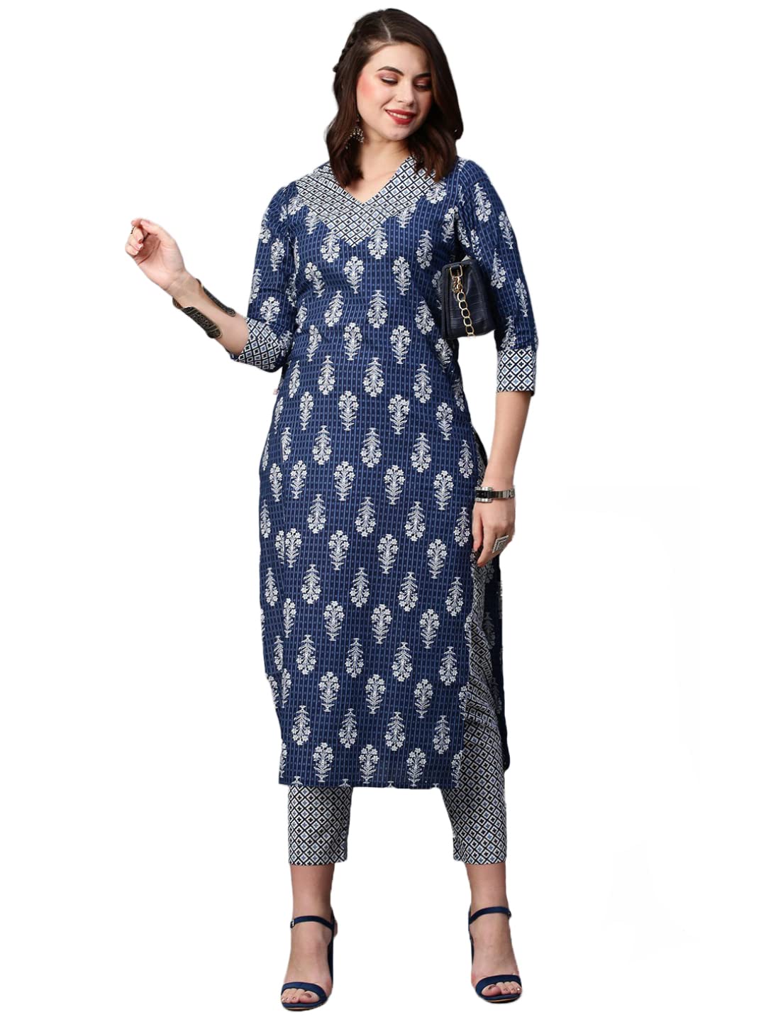 ANNI DESIGNER Womens Cotton Blend Traditional Straight Printed Kurta and Pant Set (Shekhra)