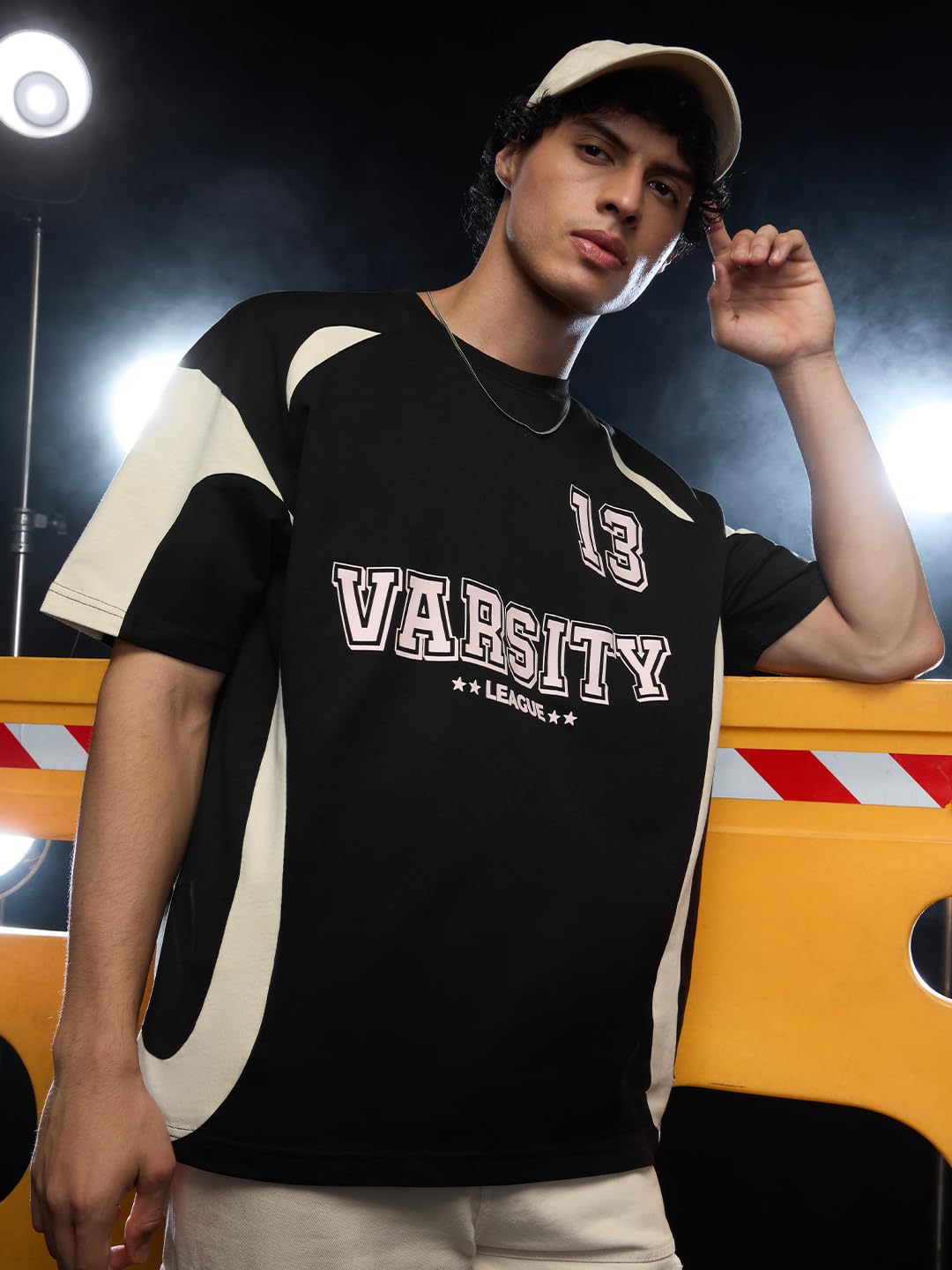 The Souled Store Colourblock T-Shirt: Varsity League Men and Boys Short Sleeves Round Neck Black Graphic Printed Cotton Oversize