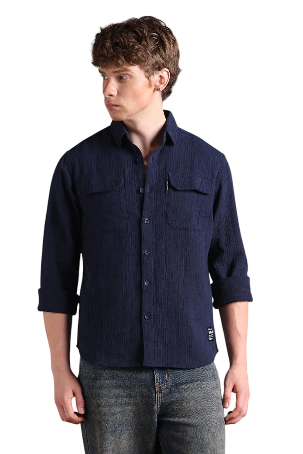 Hubberholme Men Relaxed Fit Spread Collar Fullsleeve Self Design Shirts 29 Navy Blue
