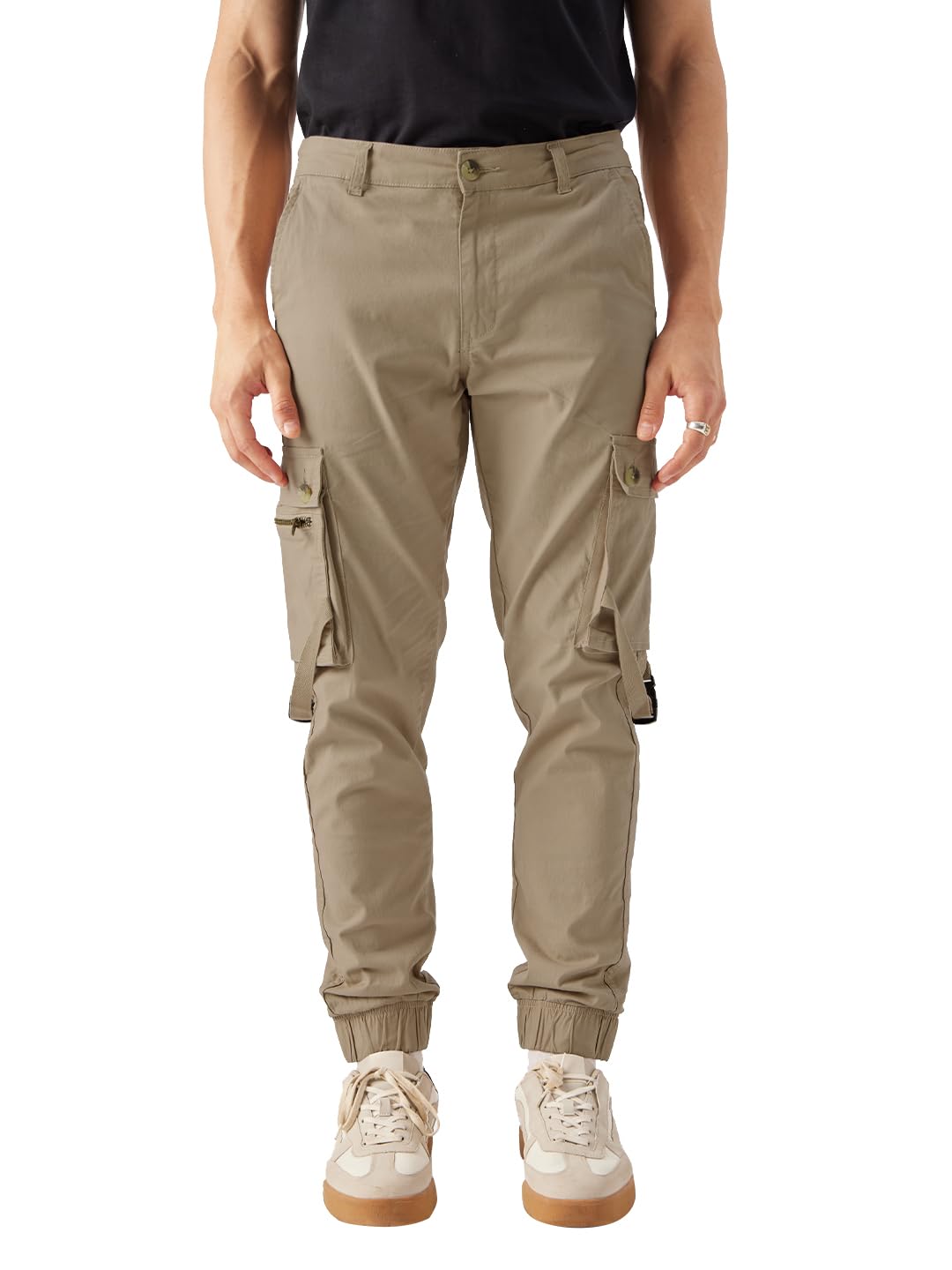 The Souled Store Solids: Beige Men and Boys Regular Fit Cotton Cargo Joggers