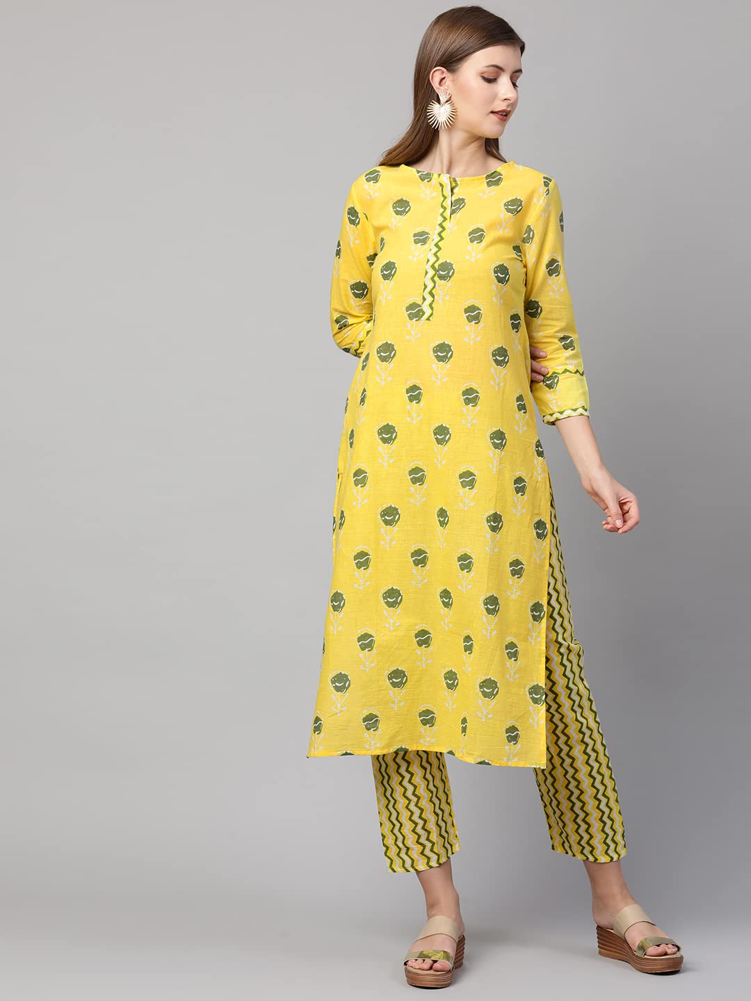 ANNI DESIGNER Women's Cotton Straight Kurta with Pant (Ati_Yellow_L_Yellow_Large)