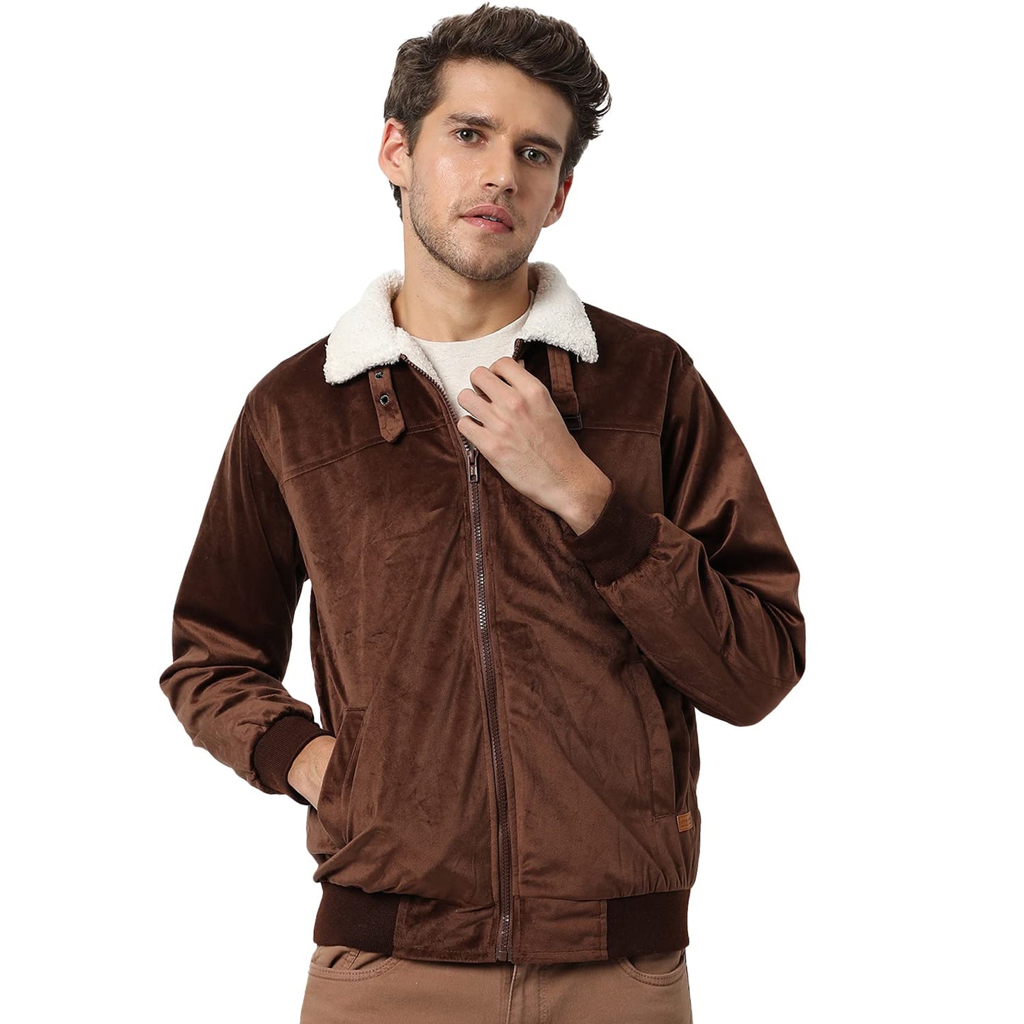 Campus Sutra Mens Solid Brown Fleece Puffer Regular Fit Bomber Jacket For Winter Wear | Standing Collar | Full Sleeve | Zipper