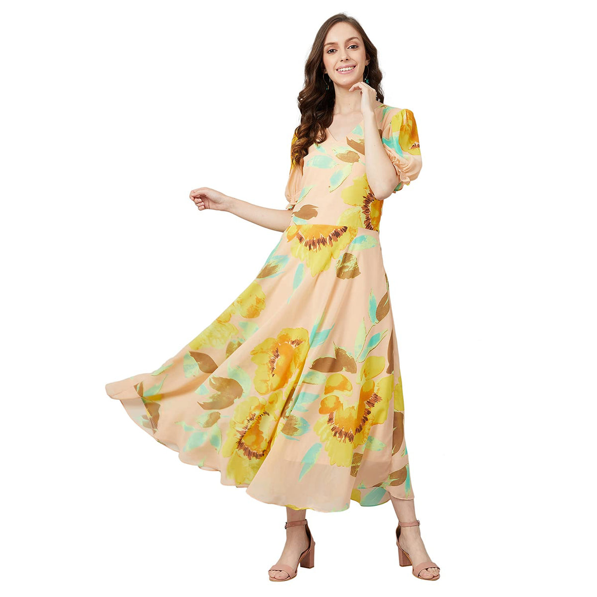 Rare WomenS Georgette Fit And Flare Midi Casual Dress (Ep6504_Yellow_Medium)