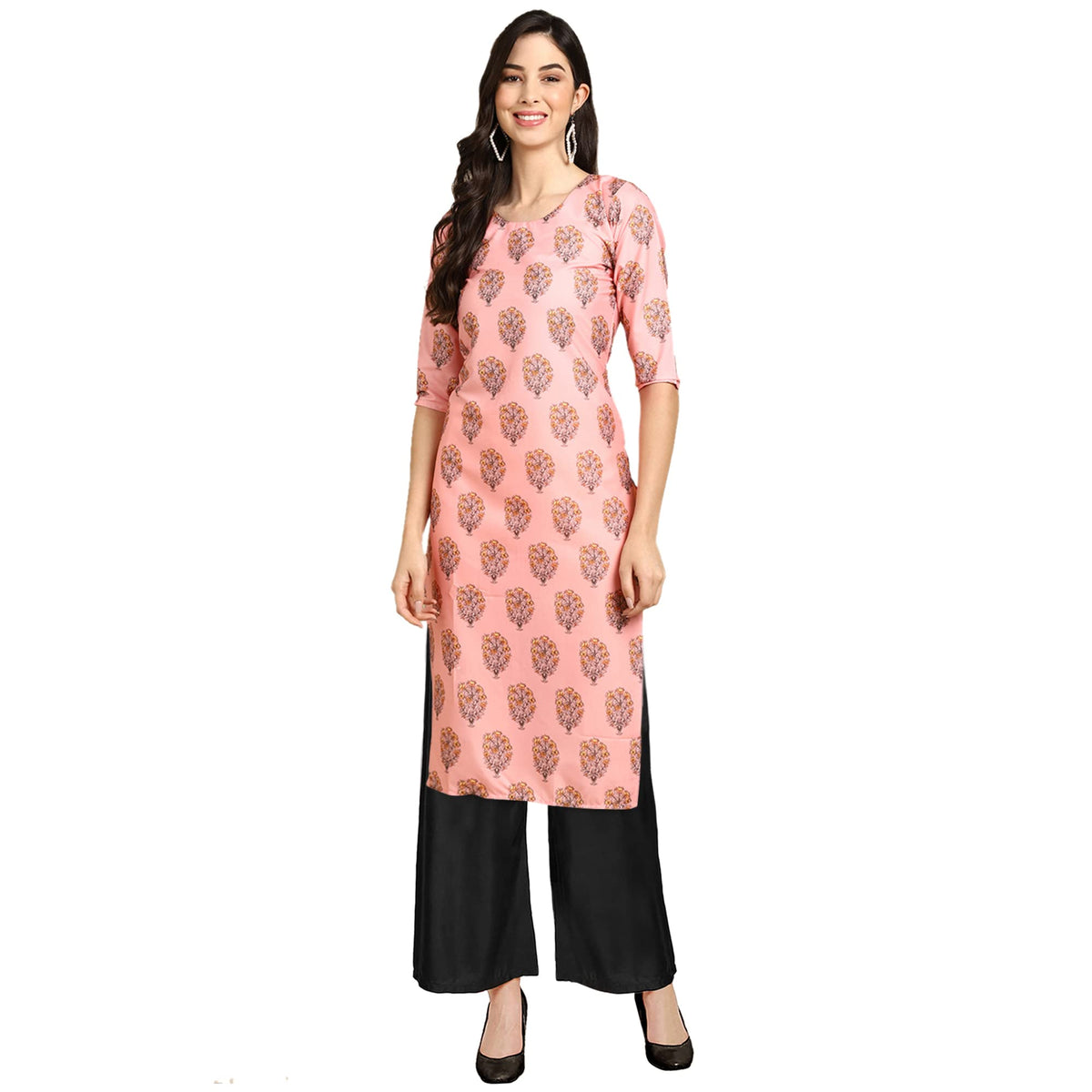 Pinkmint Womens Baby Pink Color Kurta and Black Palazzo Set (530368-Black Palazzo_M)