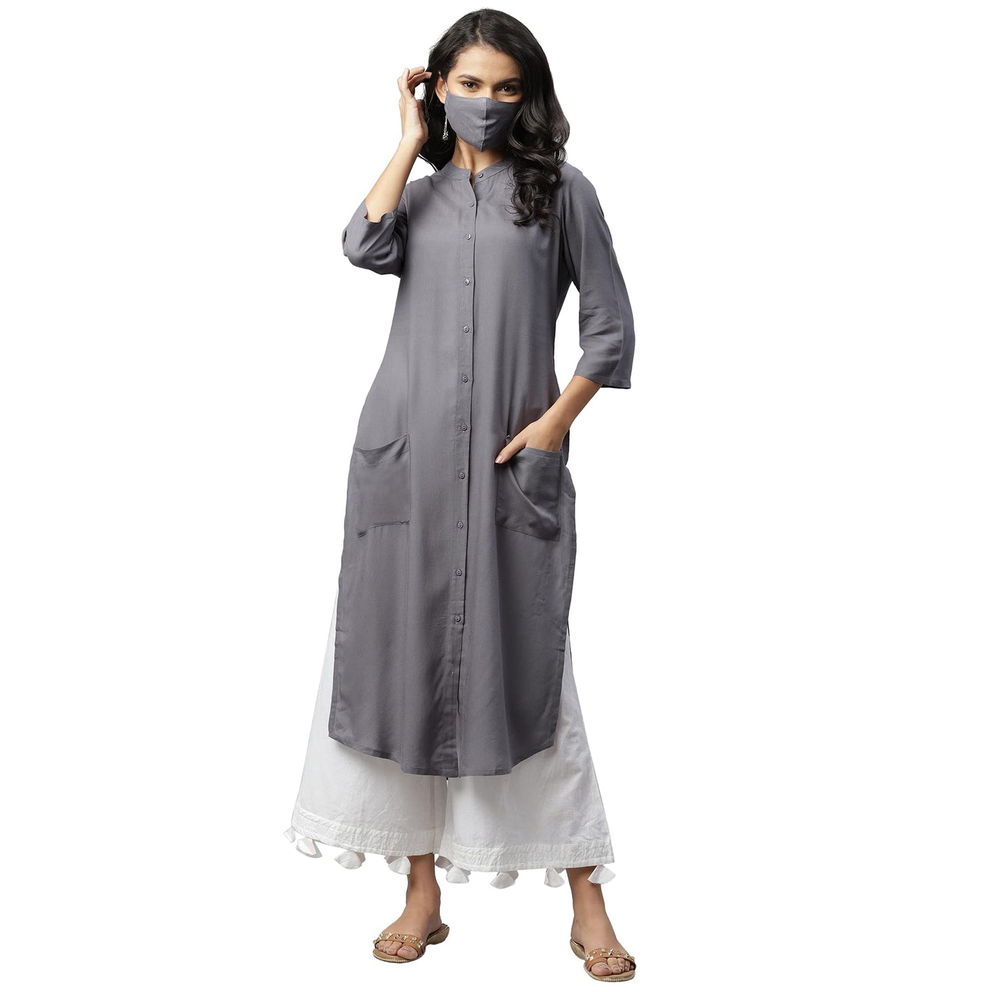 RIGO Women Grey Front Open Band Collar Straight Kurta