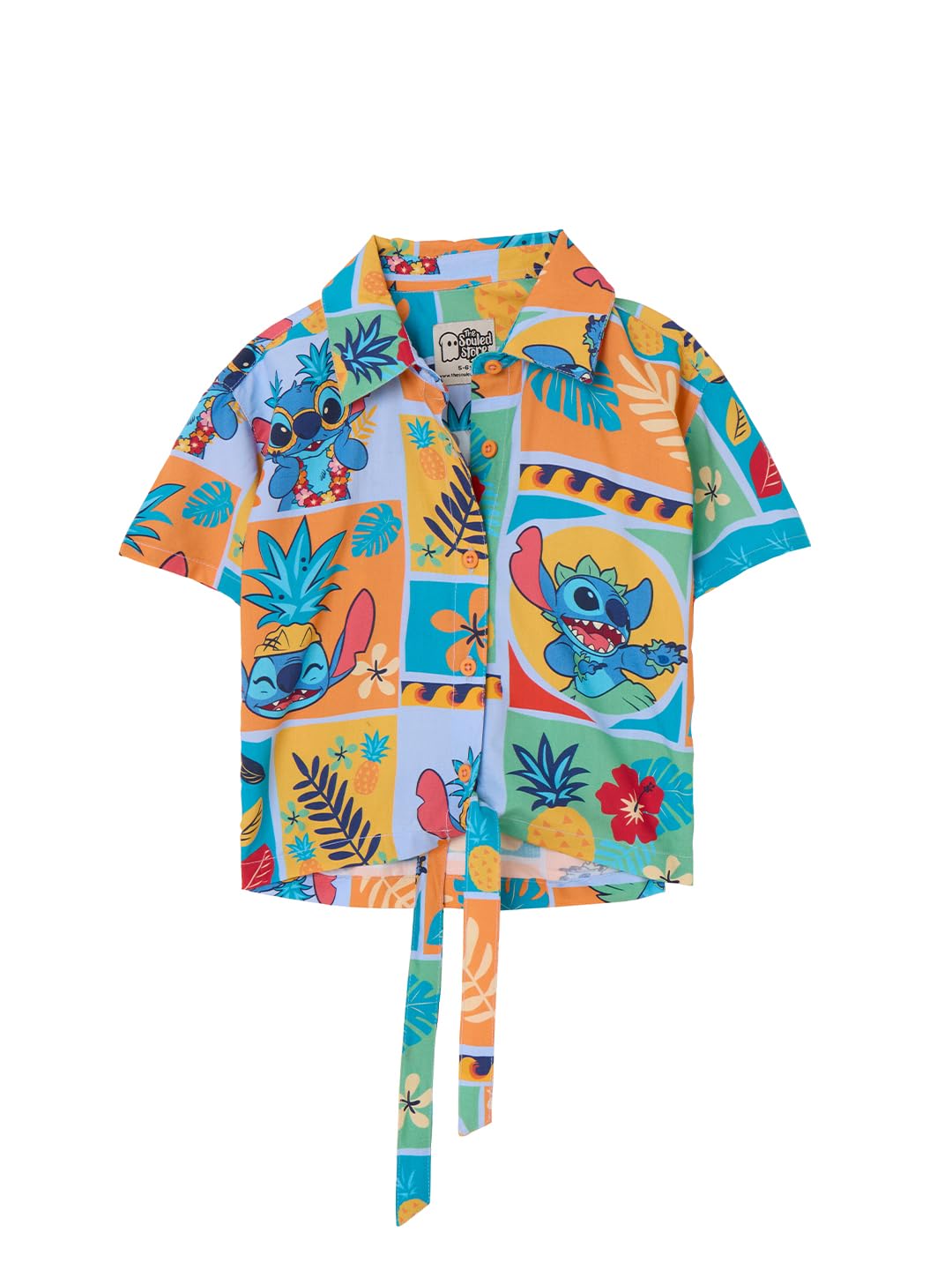 The Souled Store Lilo & Stitch: Pineapple Girls Short Sleeves Collared Neck Button Front Multicolour Printed Cotton Tops (2-8 Yr