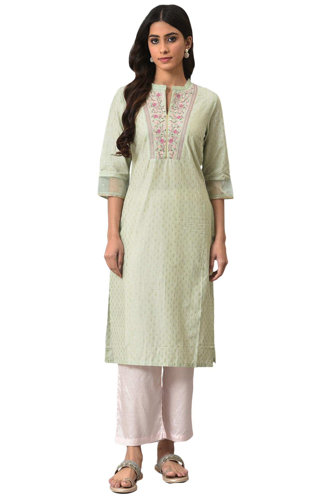 W for Woman Light Green Embroidered Kurta in Round Neck