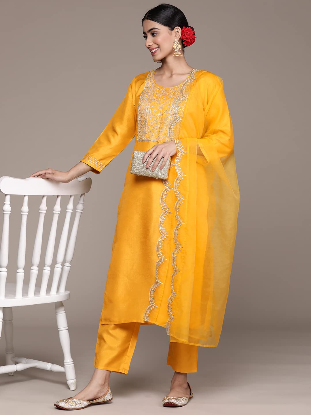 ishin Women's Mustard Floral Zari Work Silk Straight Kurta Suit Set with Trousers & Dupatta