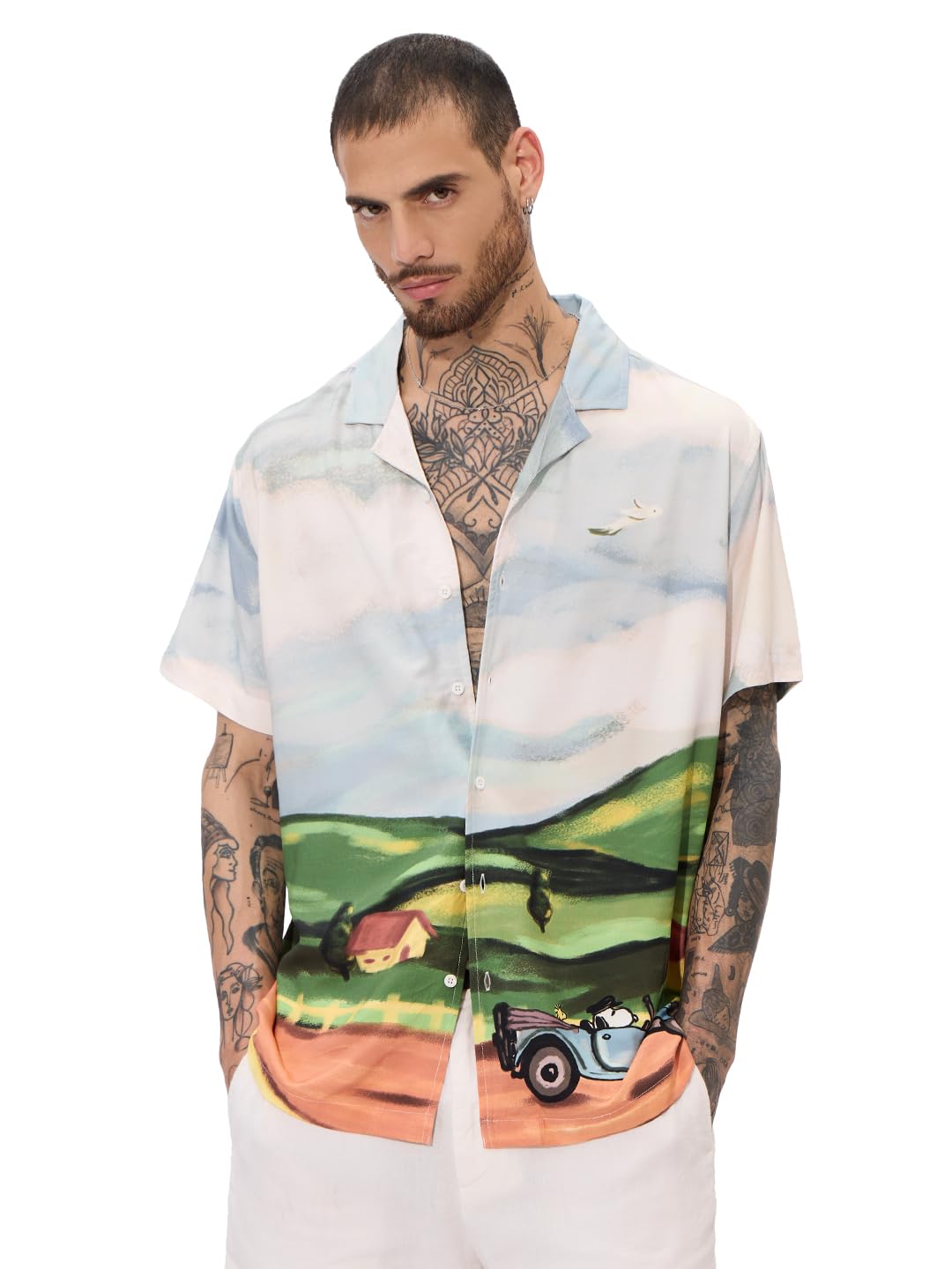 The Souled Store Official Peanuts Originals: Snoopys Drive in Mens and Boys Short Sleeves Collared Neck Button Front Multicolor