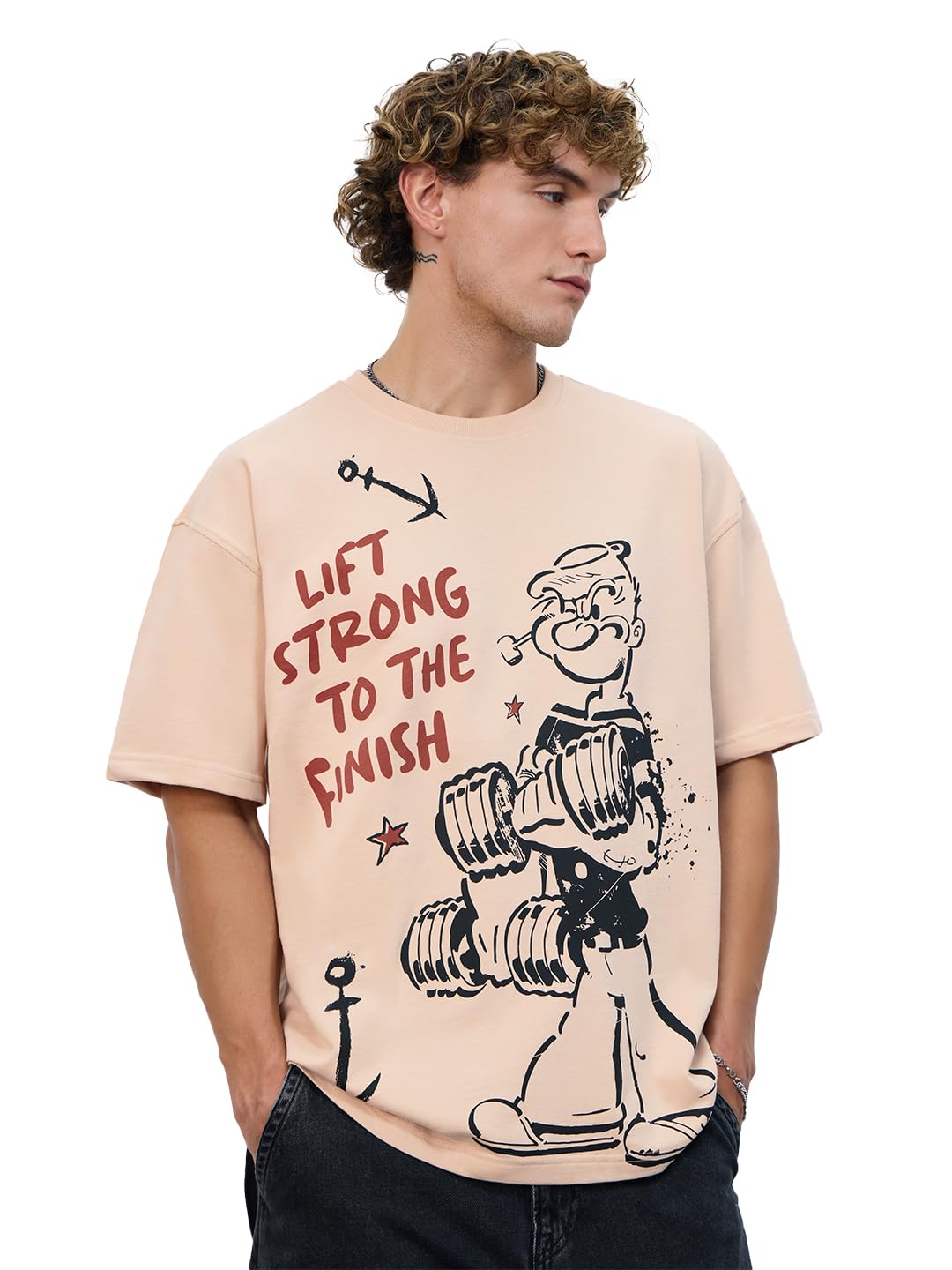 The Souled Store Popeye: Lift Strong Men and Boys Short Sleeves Round Neck Beige Graphic Printed Cotton Oversized T-Shirts