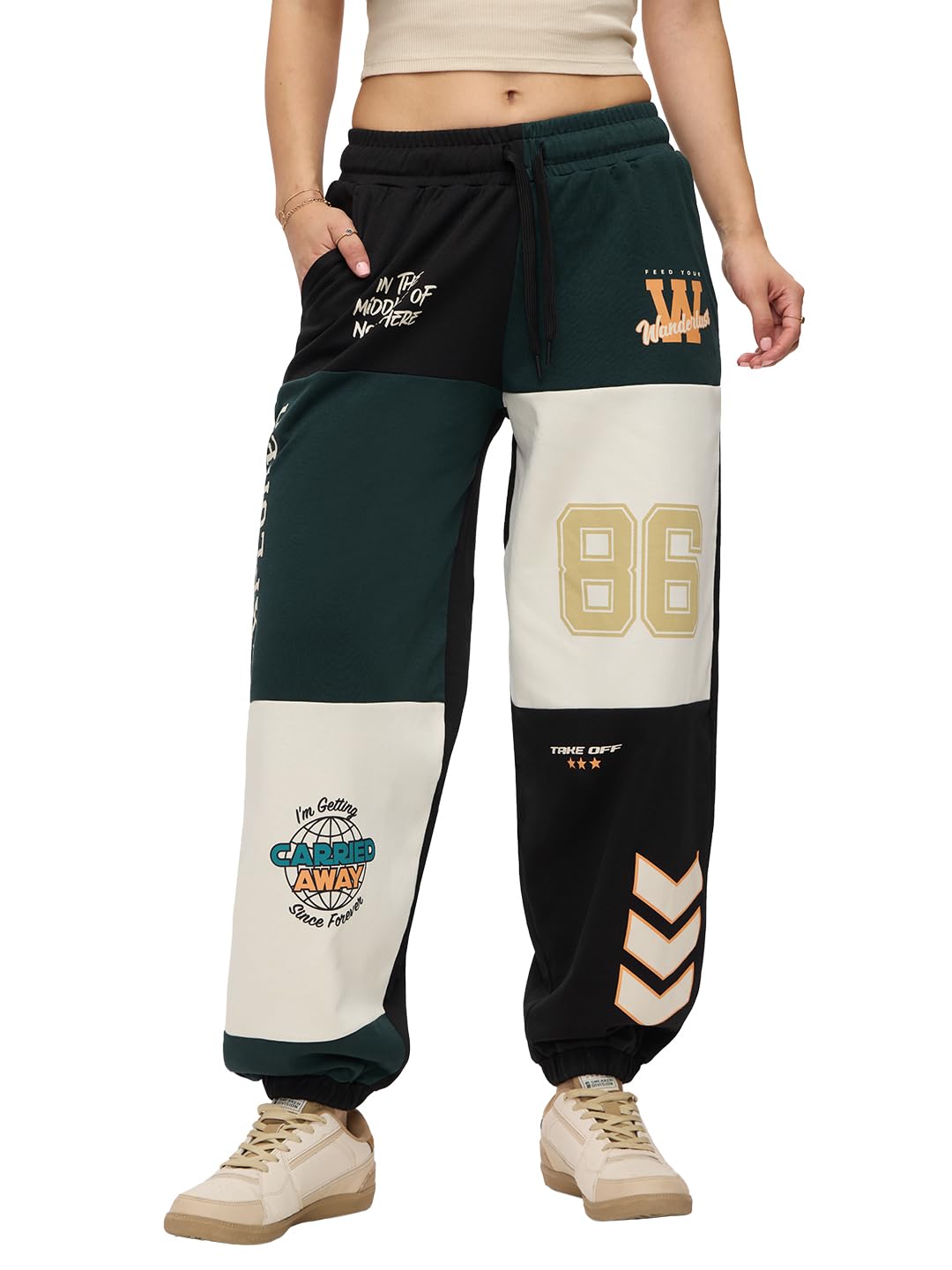 The Souled Store Wanderers Whimsy Women and Girls Drawstringed Green Graphic Printed Baggy Fit Cotton Joggers