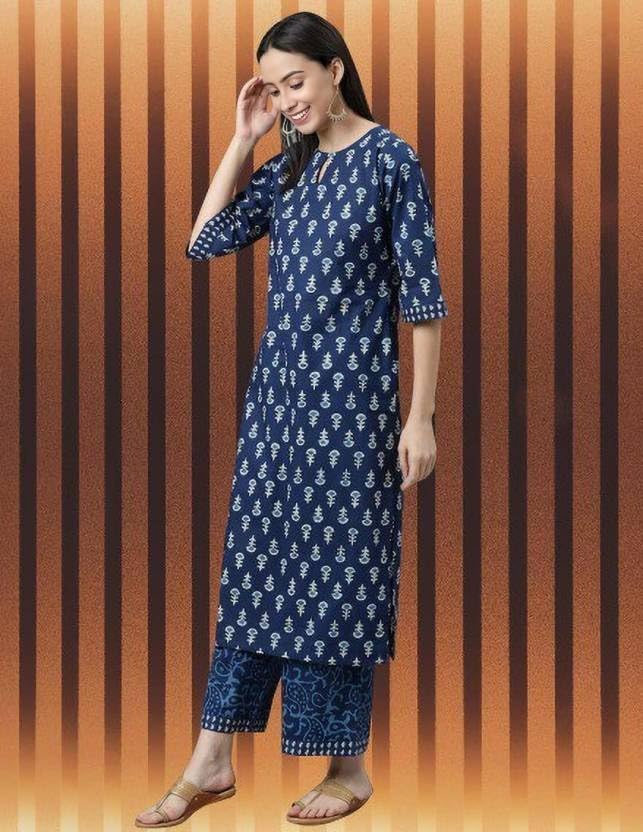 LookMark Women's Trendy Printed Cotton Blend Straight Blue Color Kurta and Palazzo Set (KS2071-XXL)