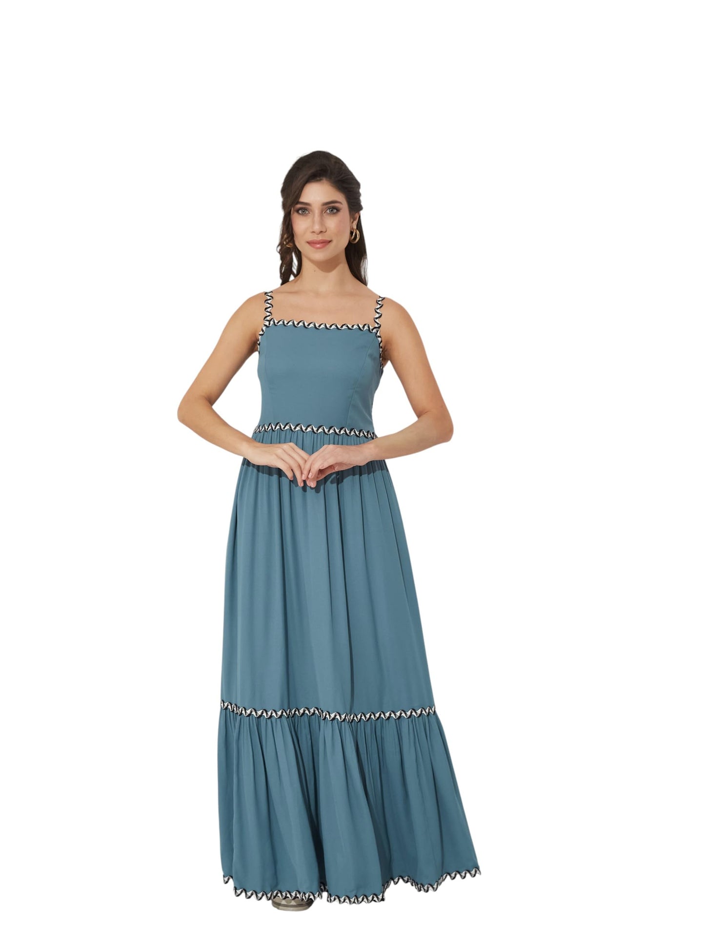 Miss Chase Womens Square Neck Sleeveless Tiered Maxi Crepe Dress (Mcaw25D21-08-205-06, Azure Blue, Xl)