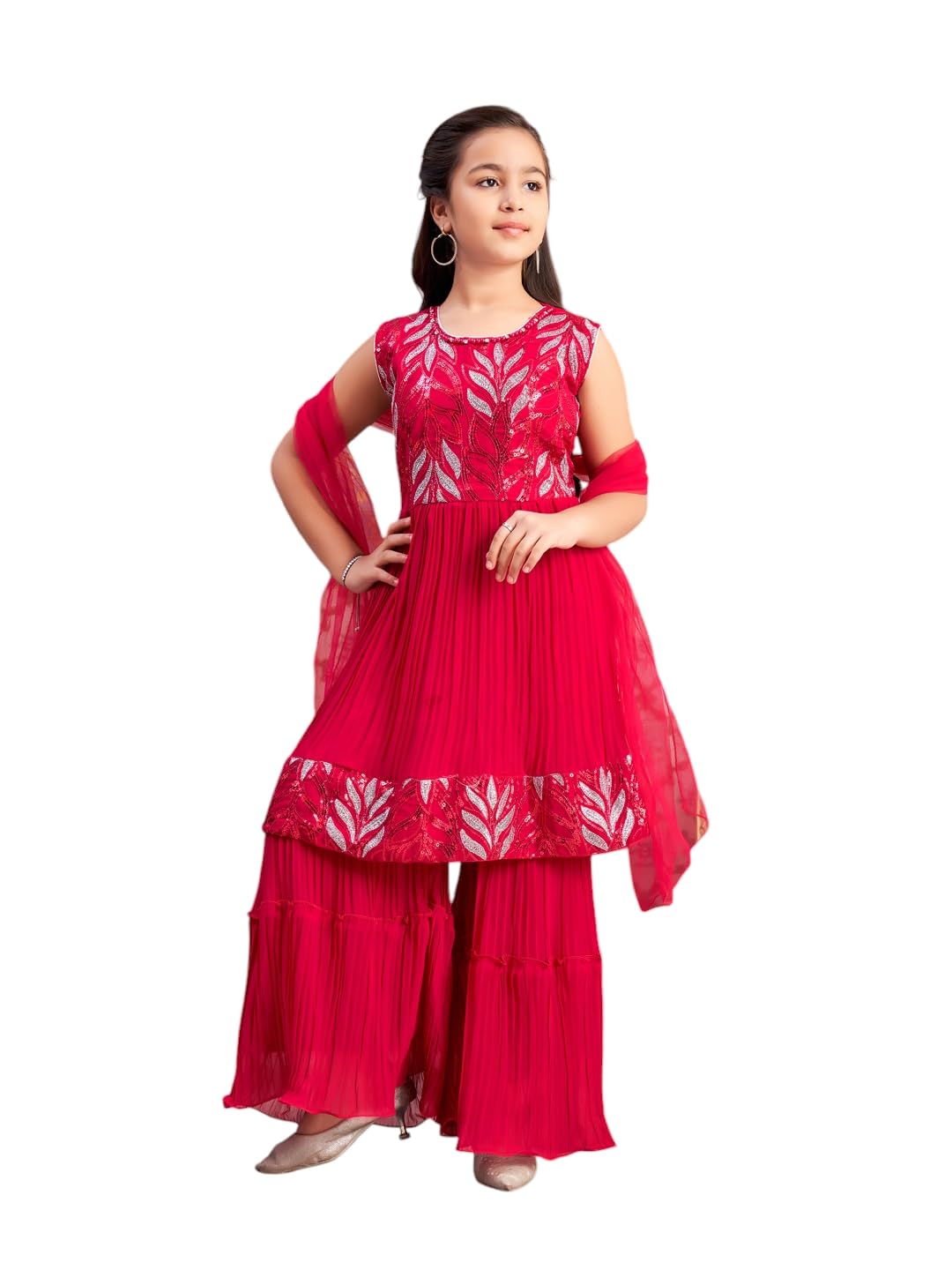 Aarika Girls Ethnic Wear Rani Colour Sequin Thread Embroidery Georgette Kurti Sharara Set (4-15 Years)