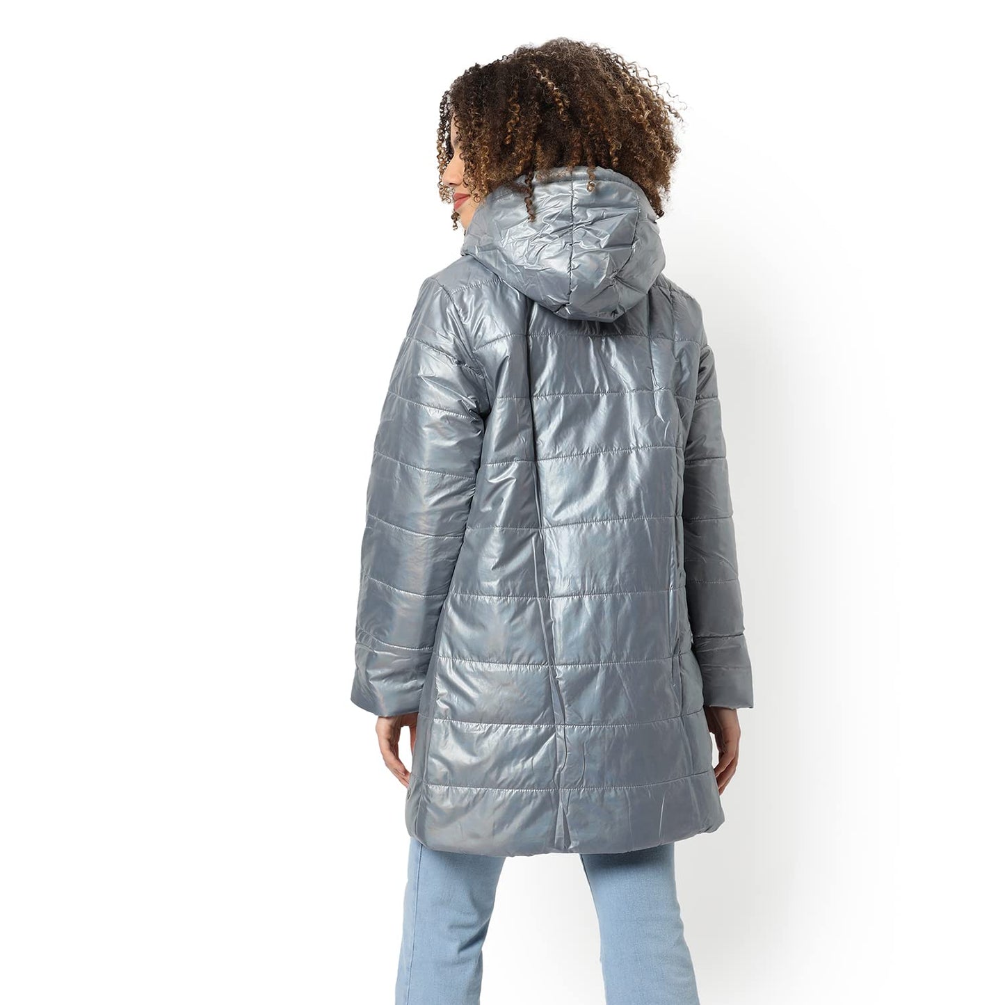 Campus Sutra Women Grey Vinyl Puffer Regular Fit Bomber Jacket For Winter Wear | Standing Collar | Full Sleeve | Zipper | Casual