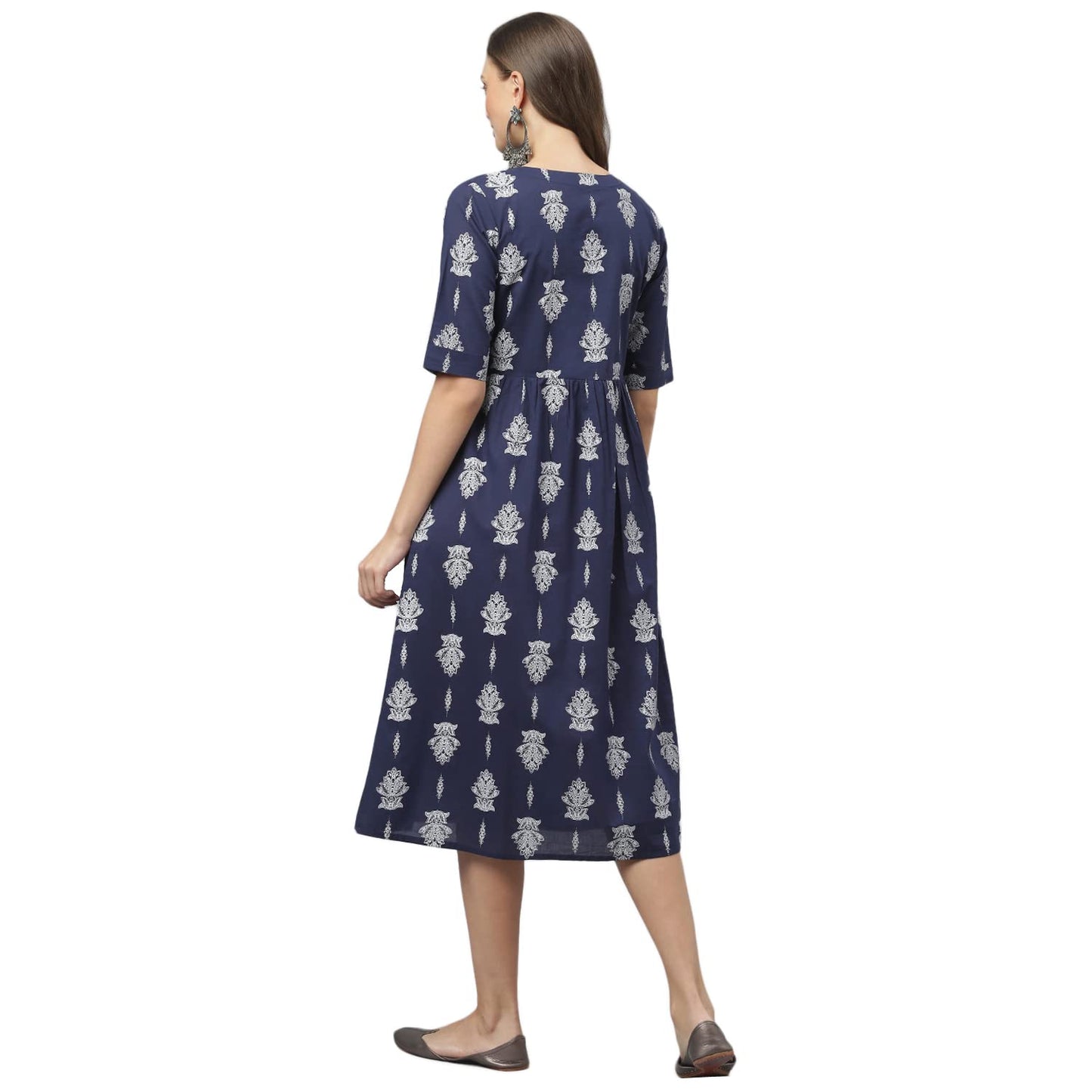 Stylum Women's Paisely Print Cotton Flared Kurta (Navy Blue)