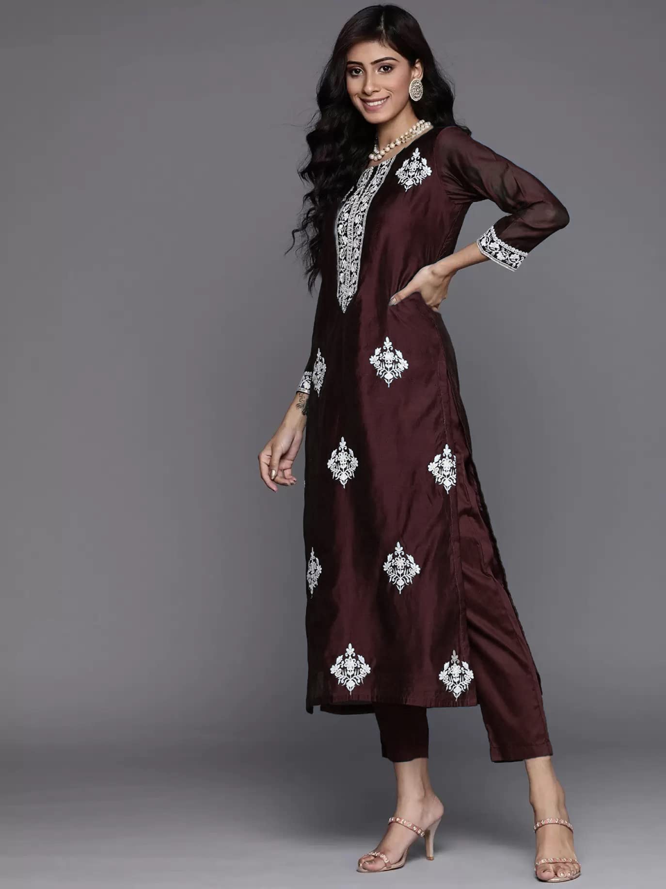 GoSriKi Women's Cotton Blend Straight Embroidered Kurta with Pant & Dupatta (Weekend Wine-Nw2-GS)