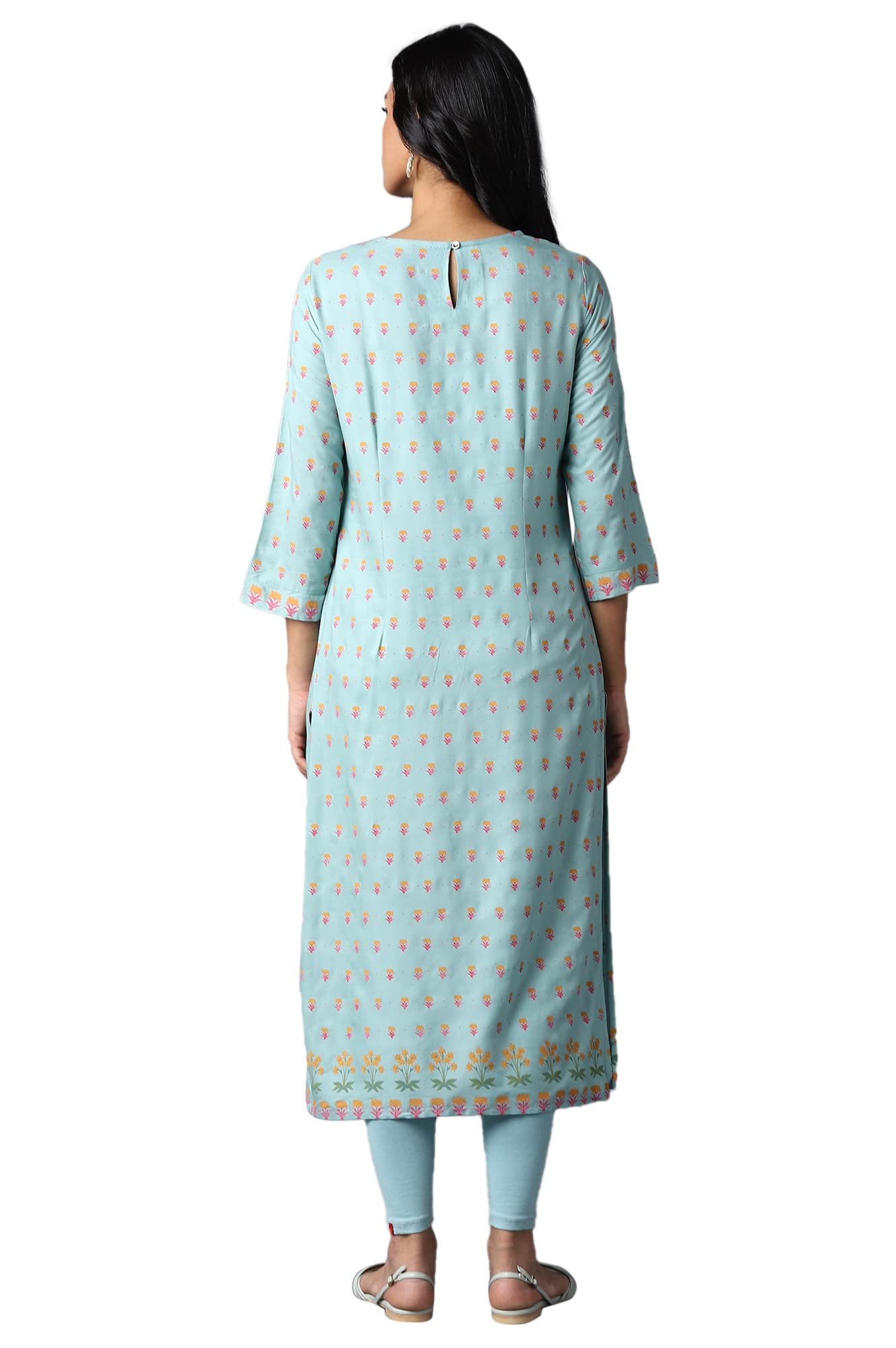 W for Woman Blue Printed Kurta with Thread Embroidery
