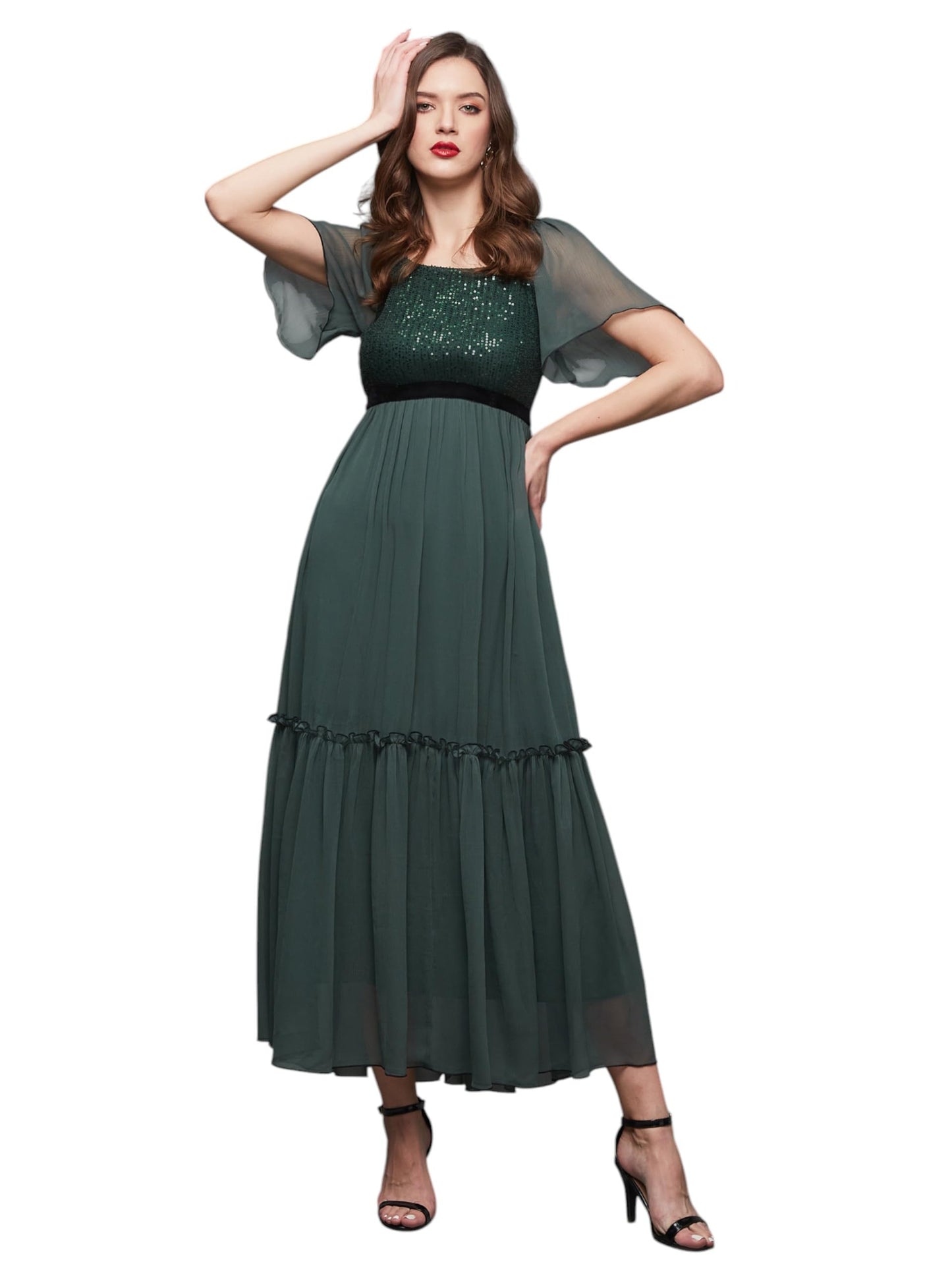 Miss Chase Womens Embellished Square Neck Flared Sleeves Longline Dress (MCSS23D16-38-42-02, Dark Green, XS)