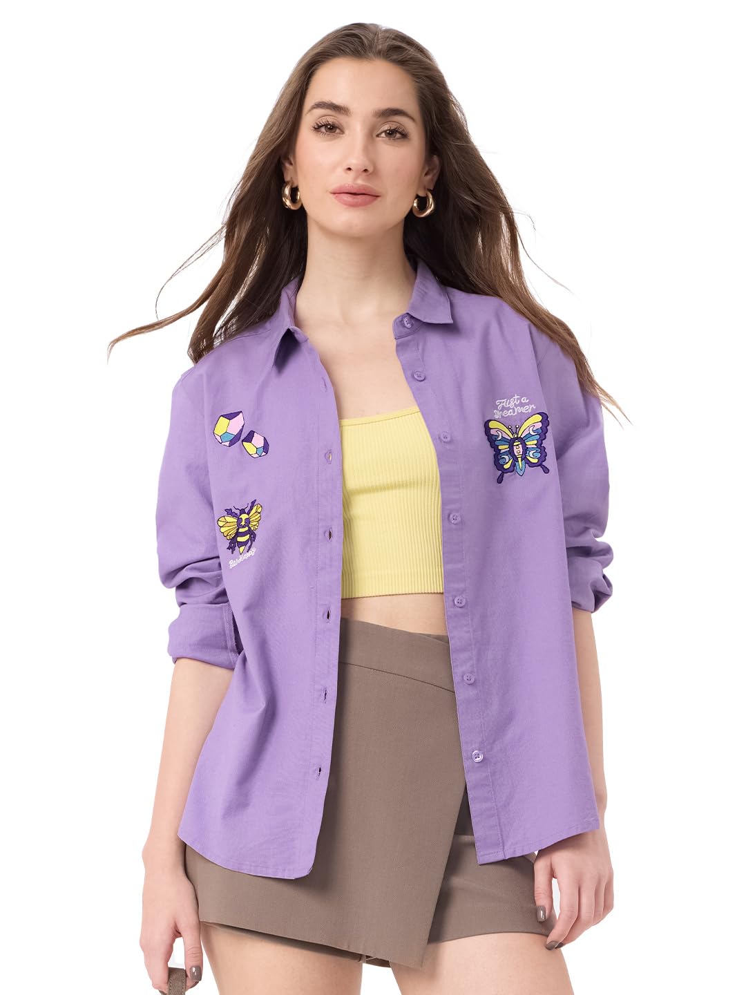 The Souled Store Butterfly Women & Girls Long Sleeve Collared Neck Button Down Relaxed Fit Cotton Shirts Purple