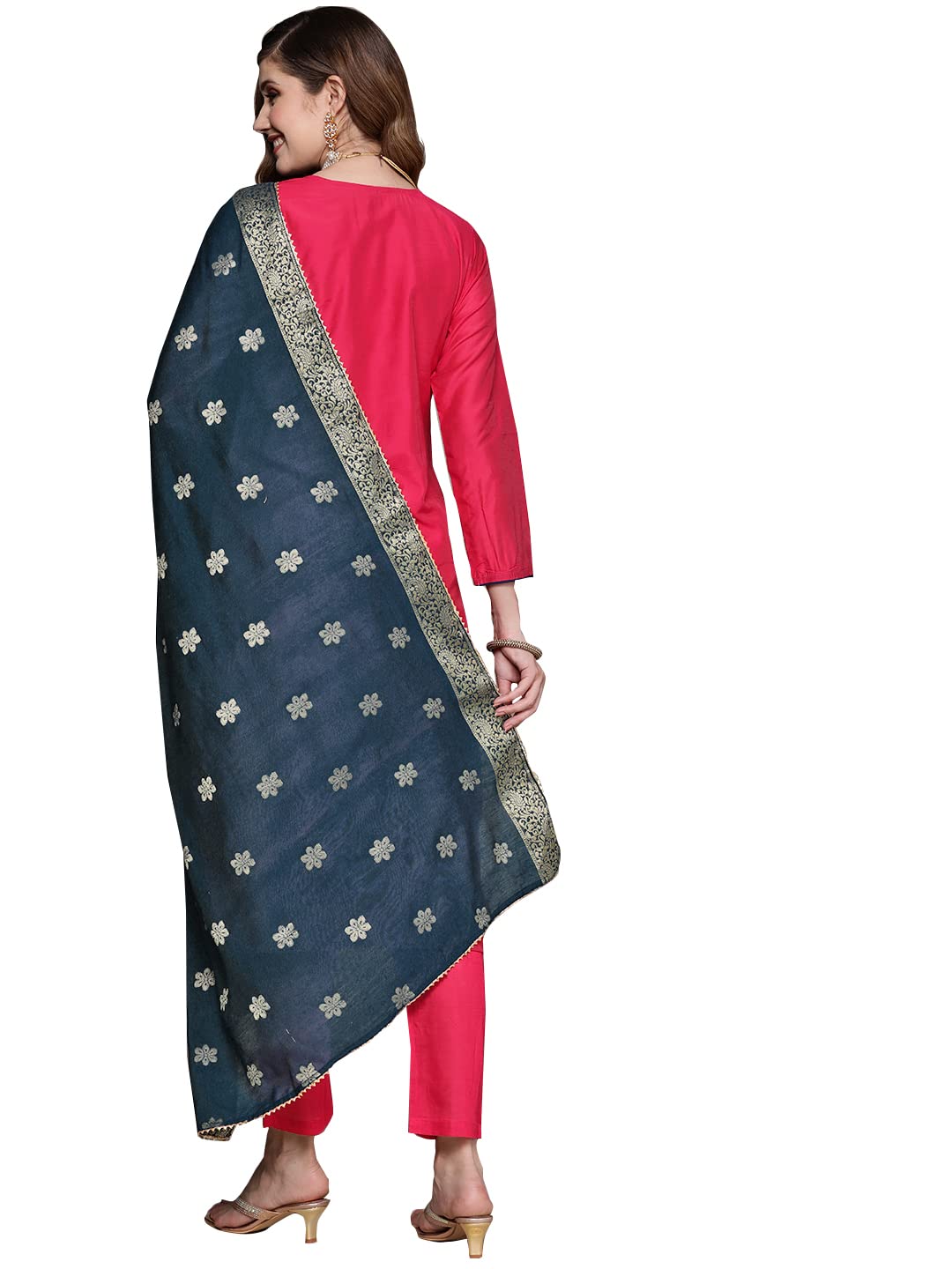 ishin Women's Pink Embroidered A-Line Kurta set With Trouser and Dupatta