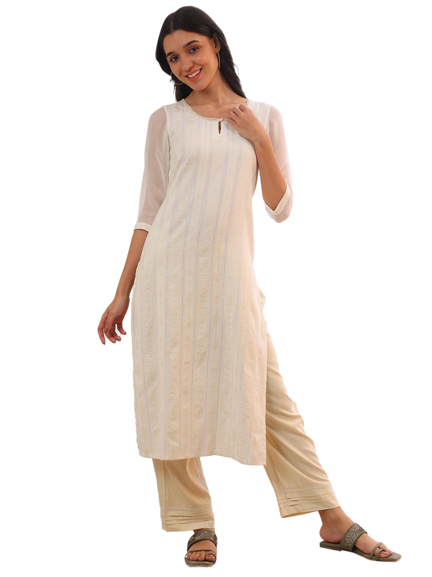 Aurelia Women's Off White Yarn Dyed Cotton Blend Straight Kurta (Size: L)-A15539-704786