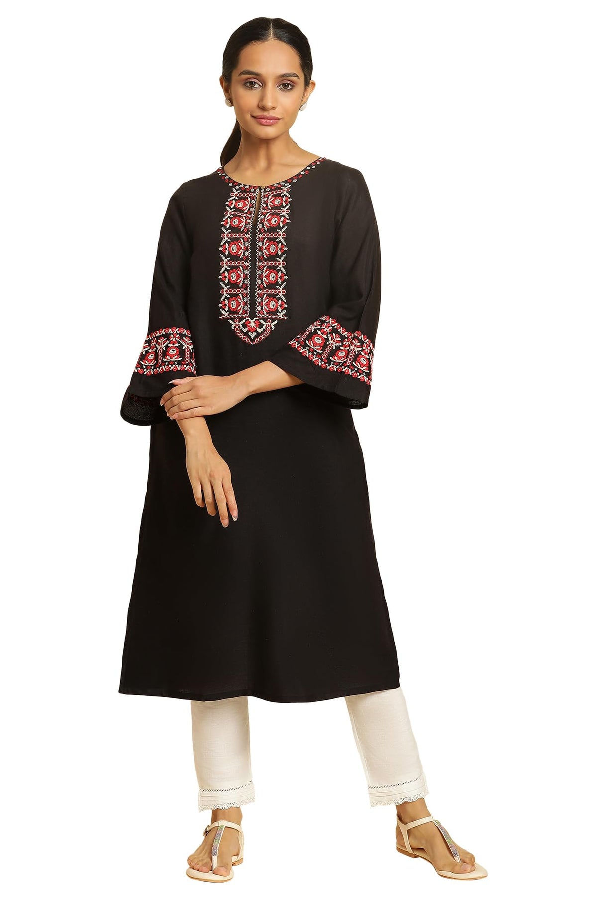 W For Woman Black Embroidered Rayon Blend Straight Long Kurta